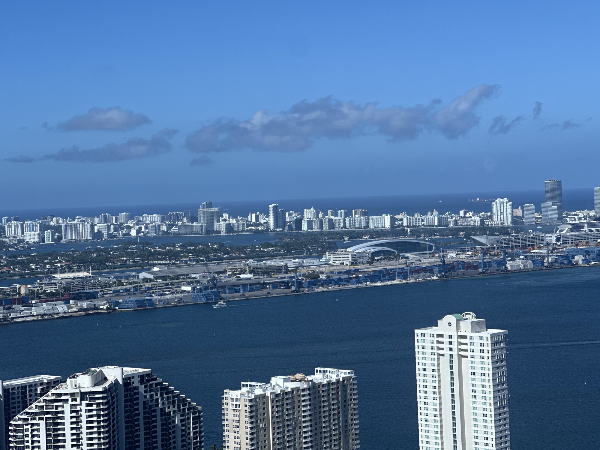 Aerial sweep of Miami's coastline and Biscayne Bay