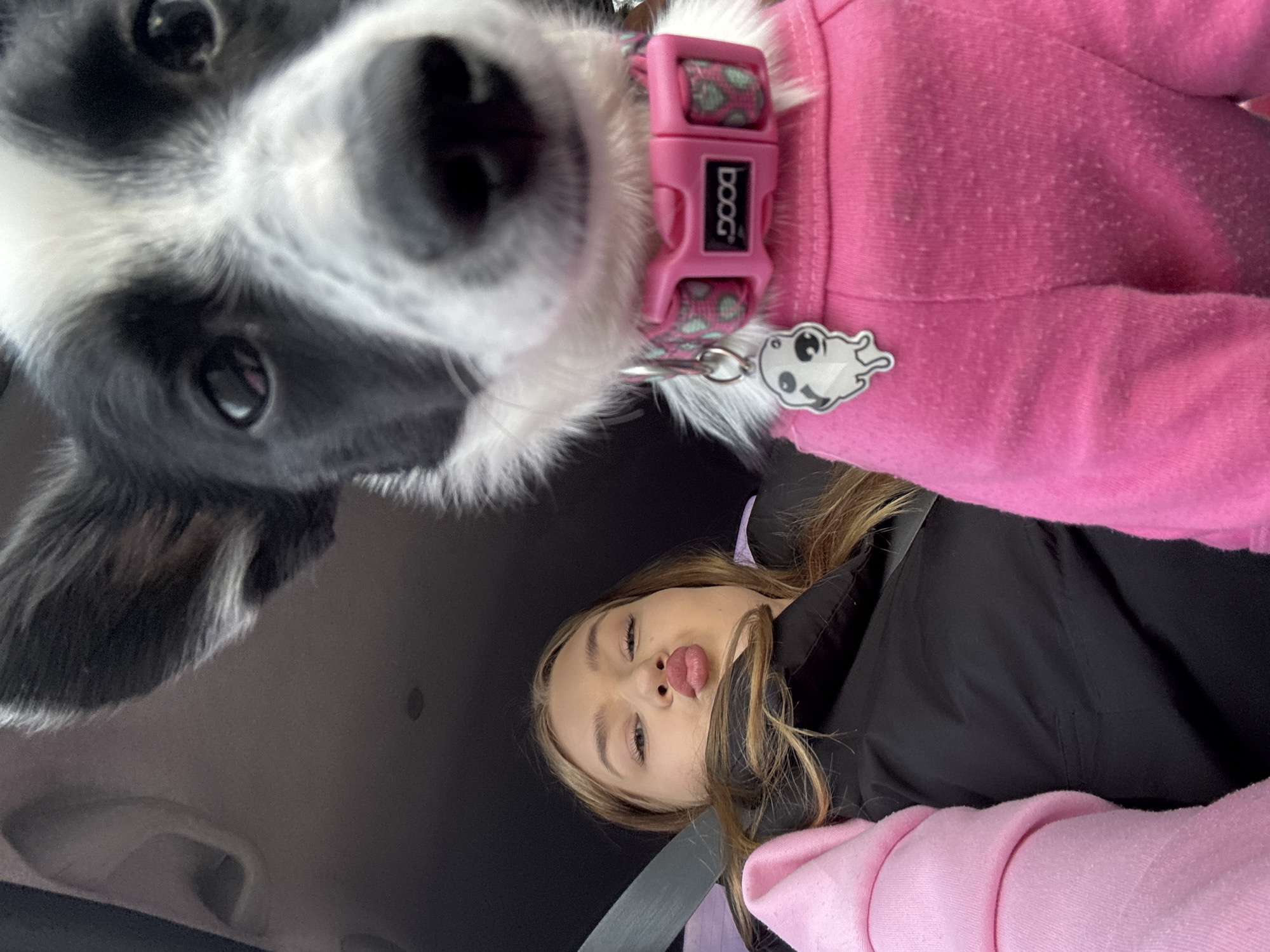 Woman and dog wear matching pink sweaters in Russia