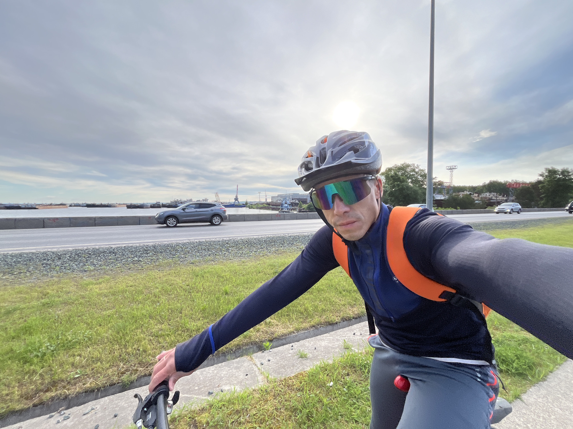 Cyclist takes selfie during early morning ride in Chaikovsky