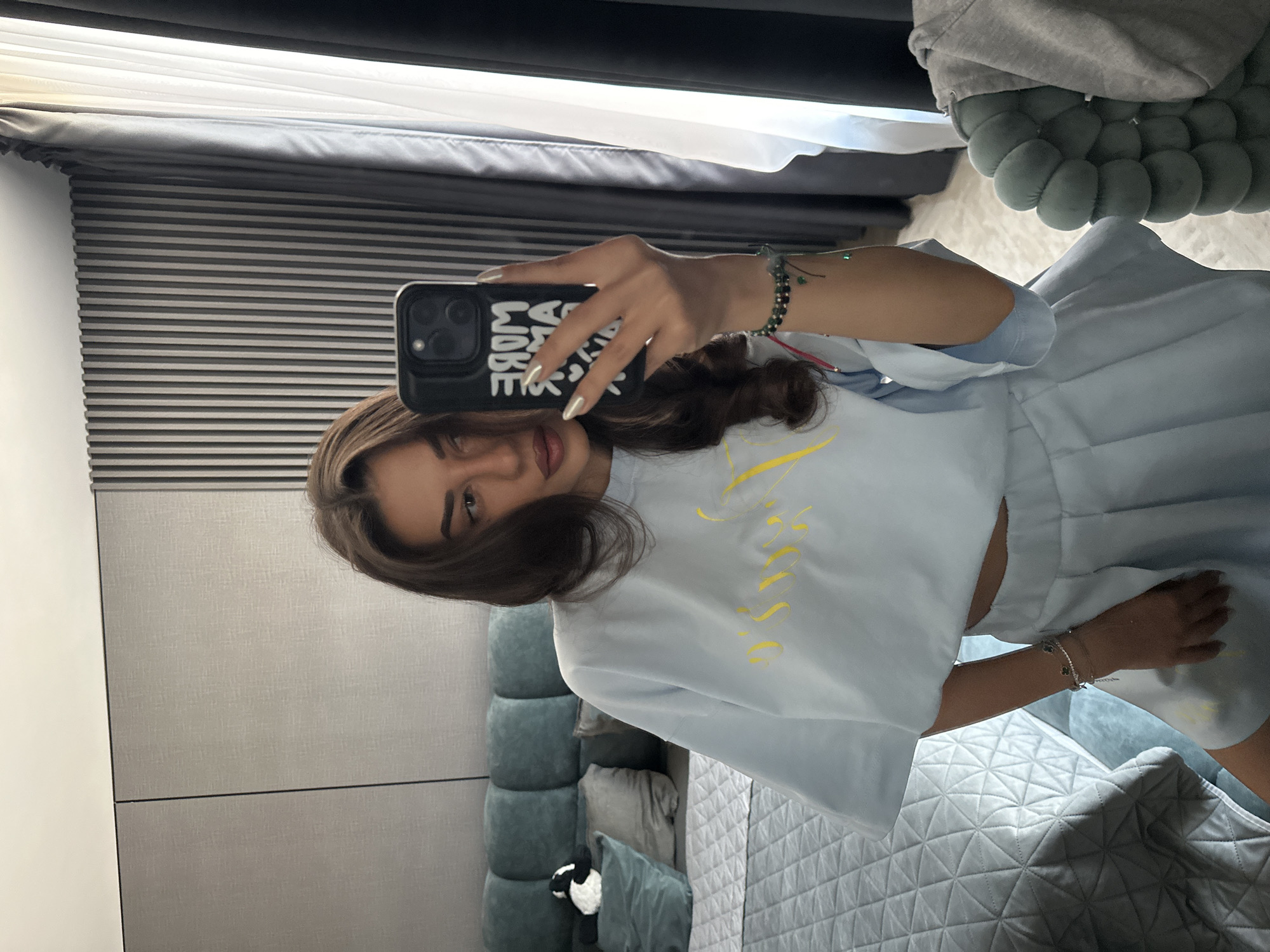 Mirror selfie in a coordinated light blue outfit, Sofia