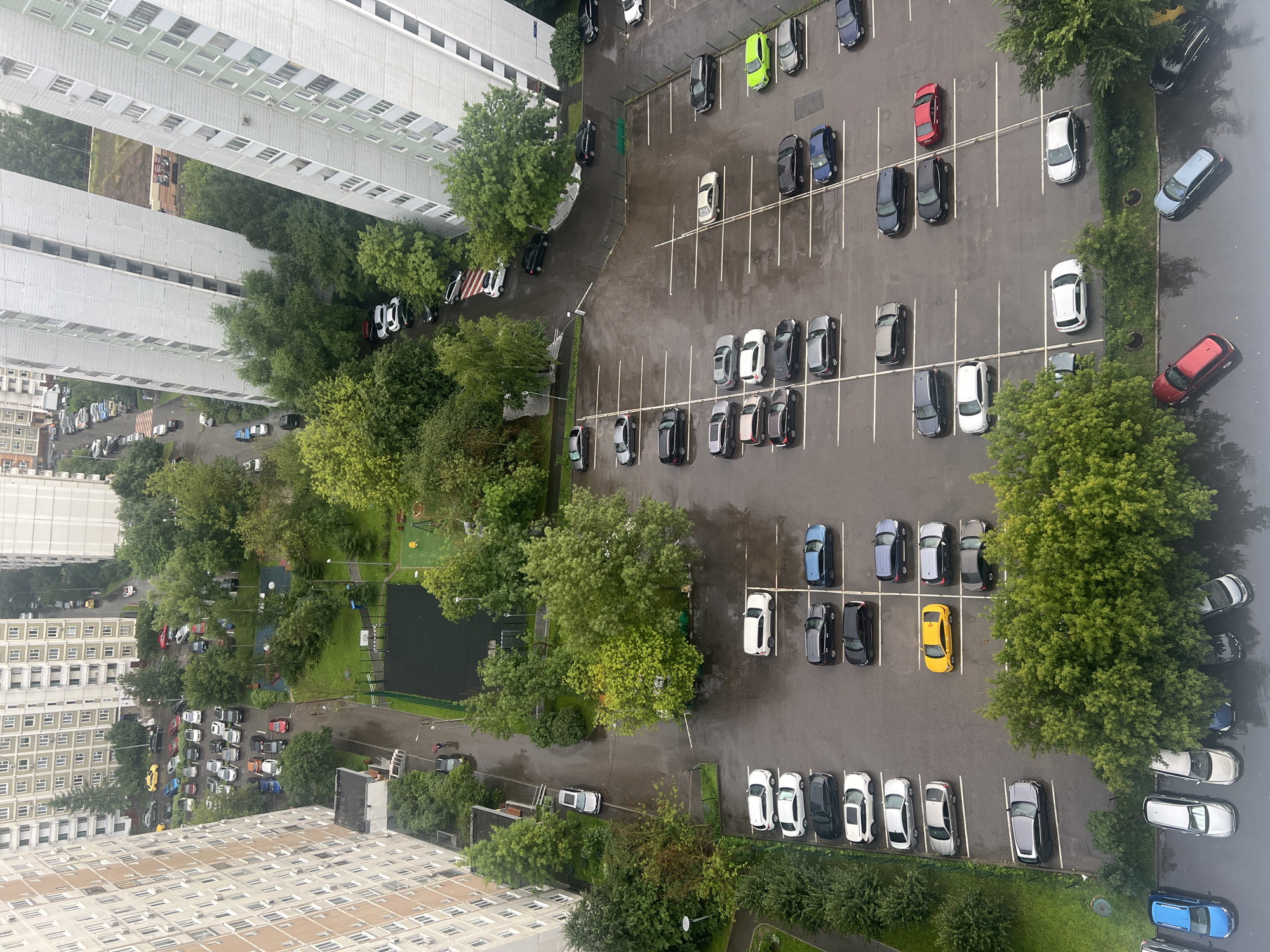 Moscow residential towers seen from above on a grey afternoon