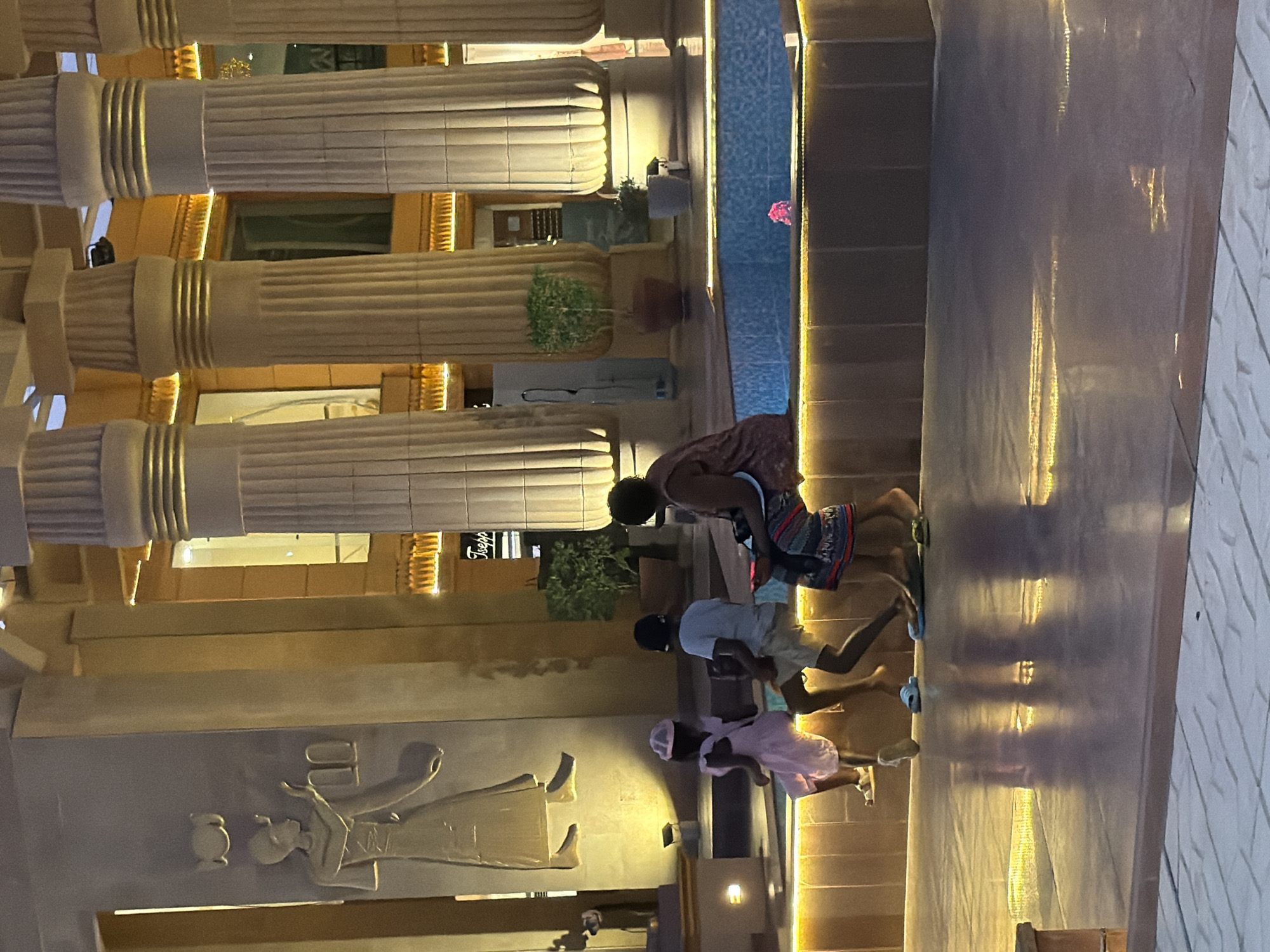 Dusk at a Sharm El Sheikh plaza with Egyptian-themed décor
