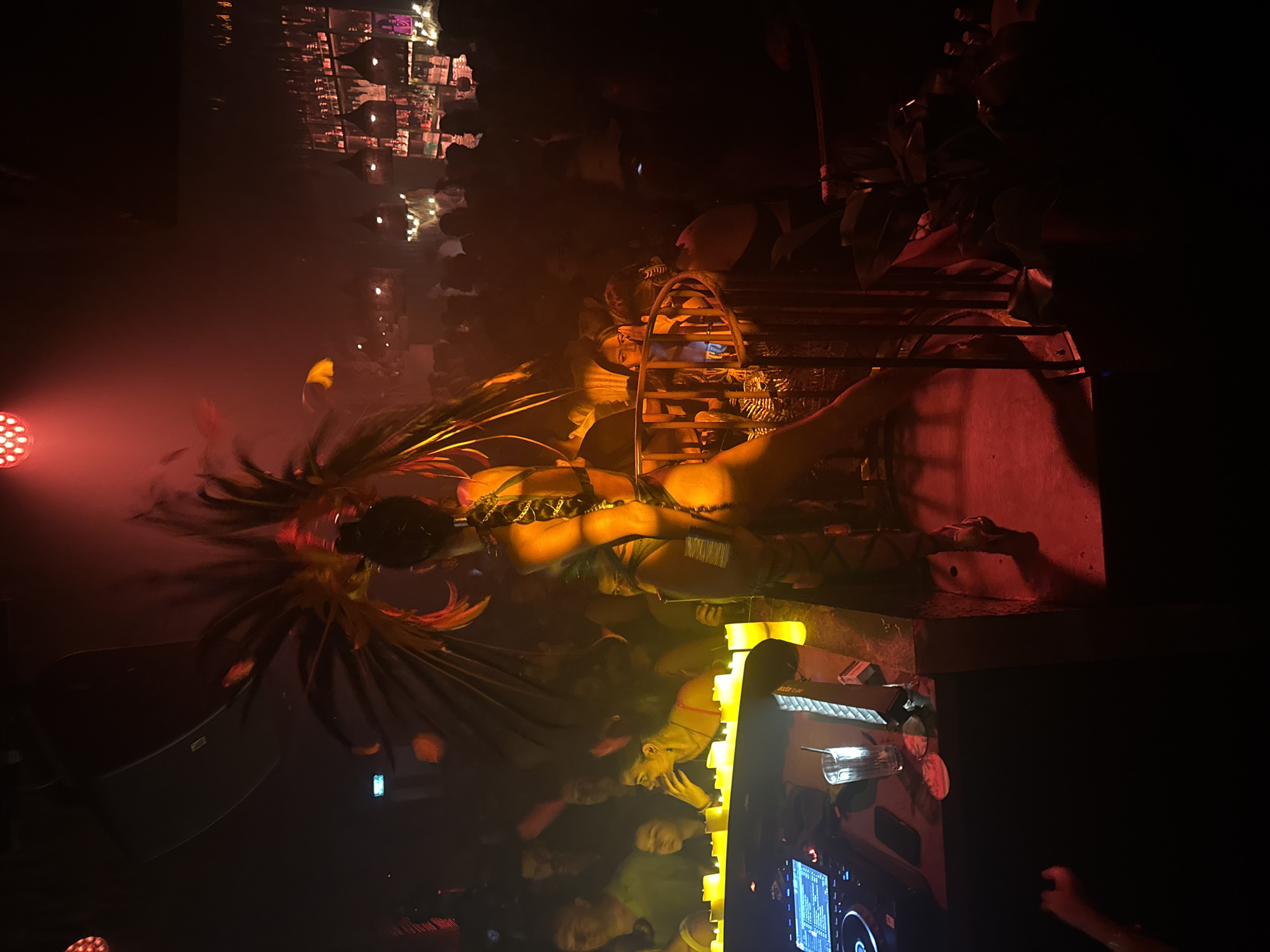 Feathered cabaret performer under red lights in Bang Thao nightclub