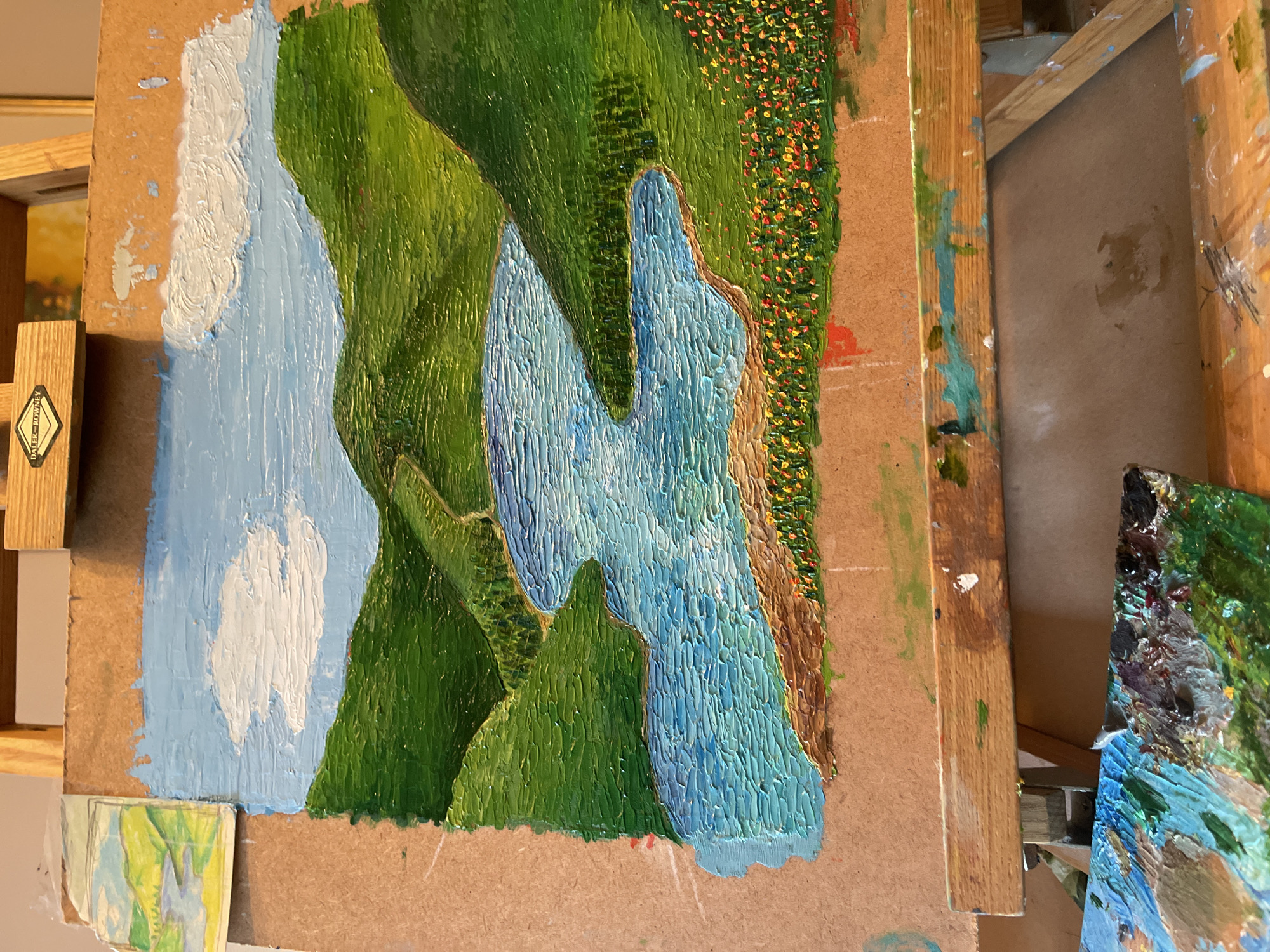 Unfinished landscape painting documented in Maidstone artist studio