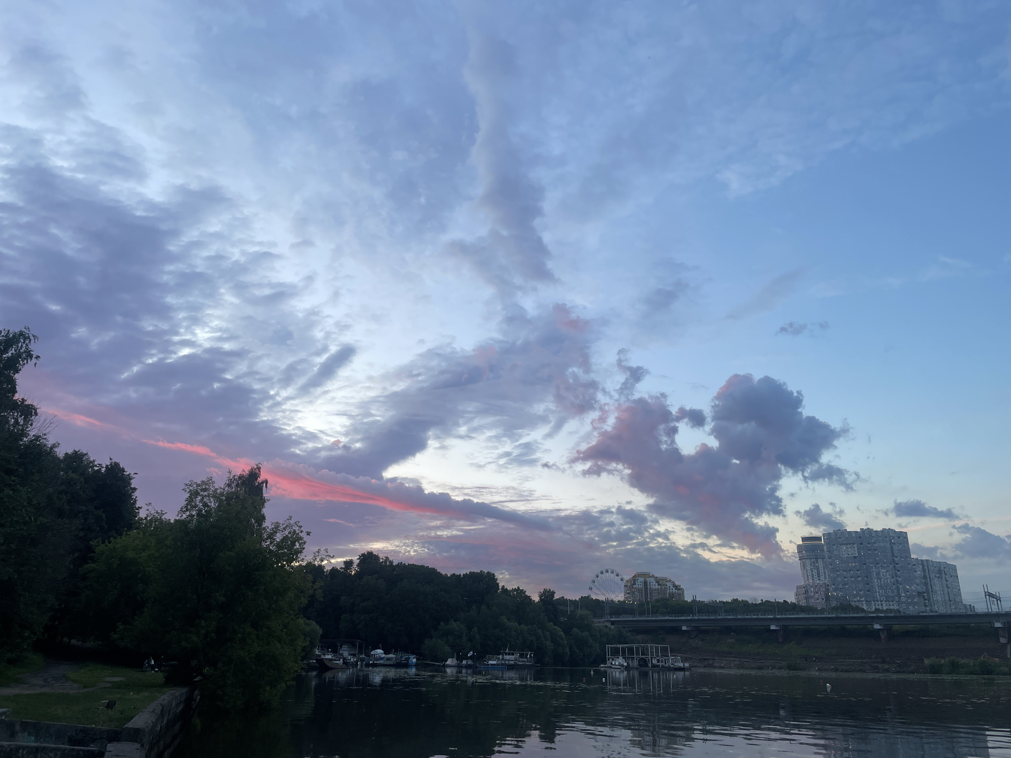Summer evening around Khimki's waterfront and landmarks