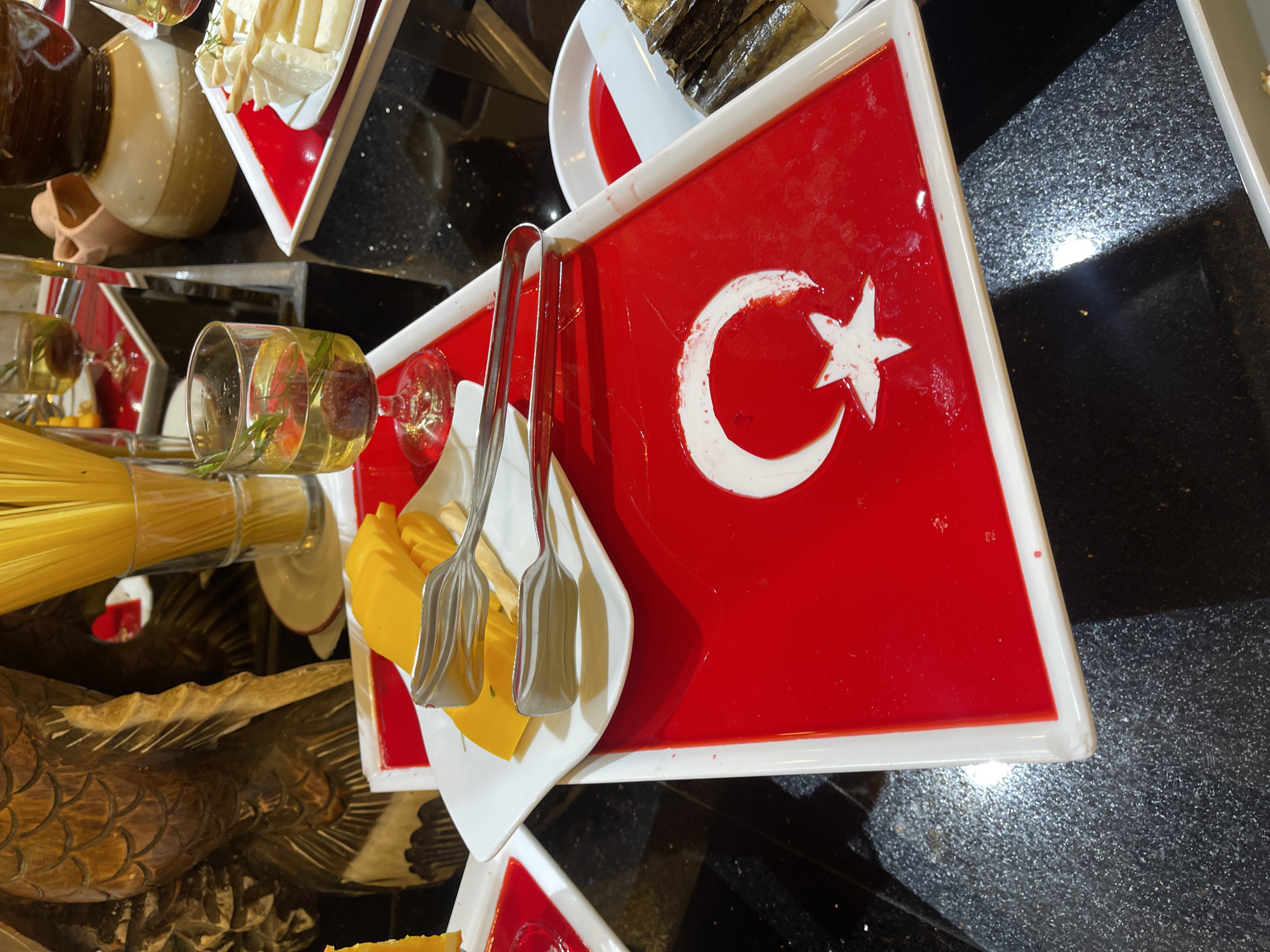 Turkish flag-themed food tray spotted at buffet display