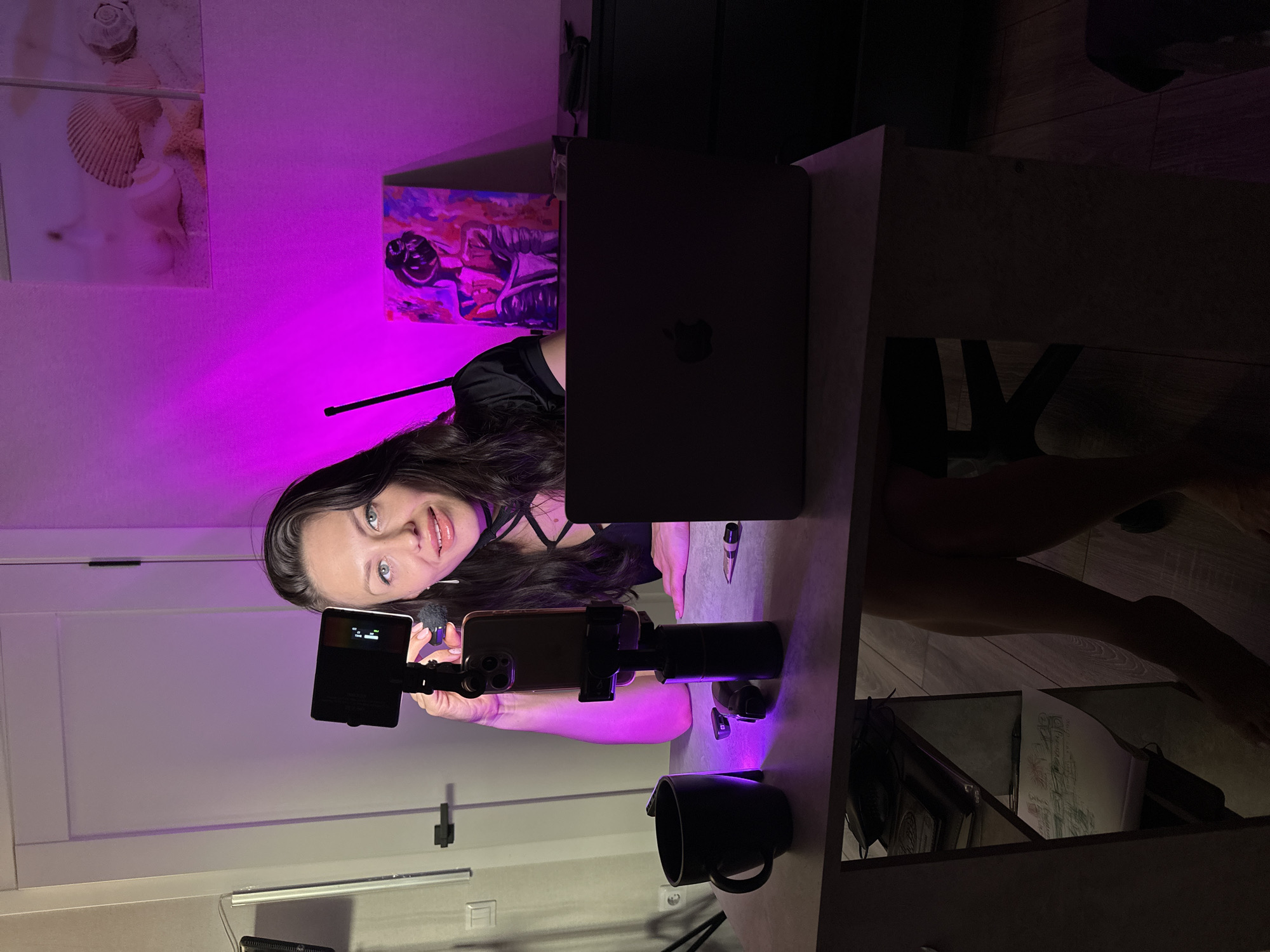 Content creation session at a purple-lit desk in Murino