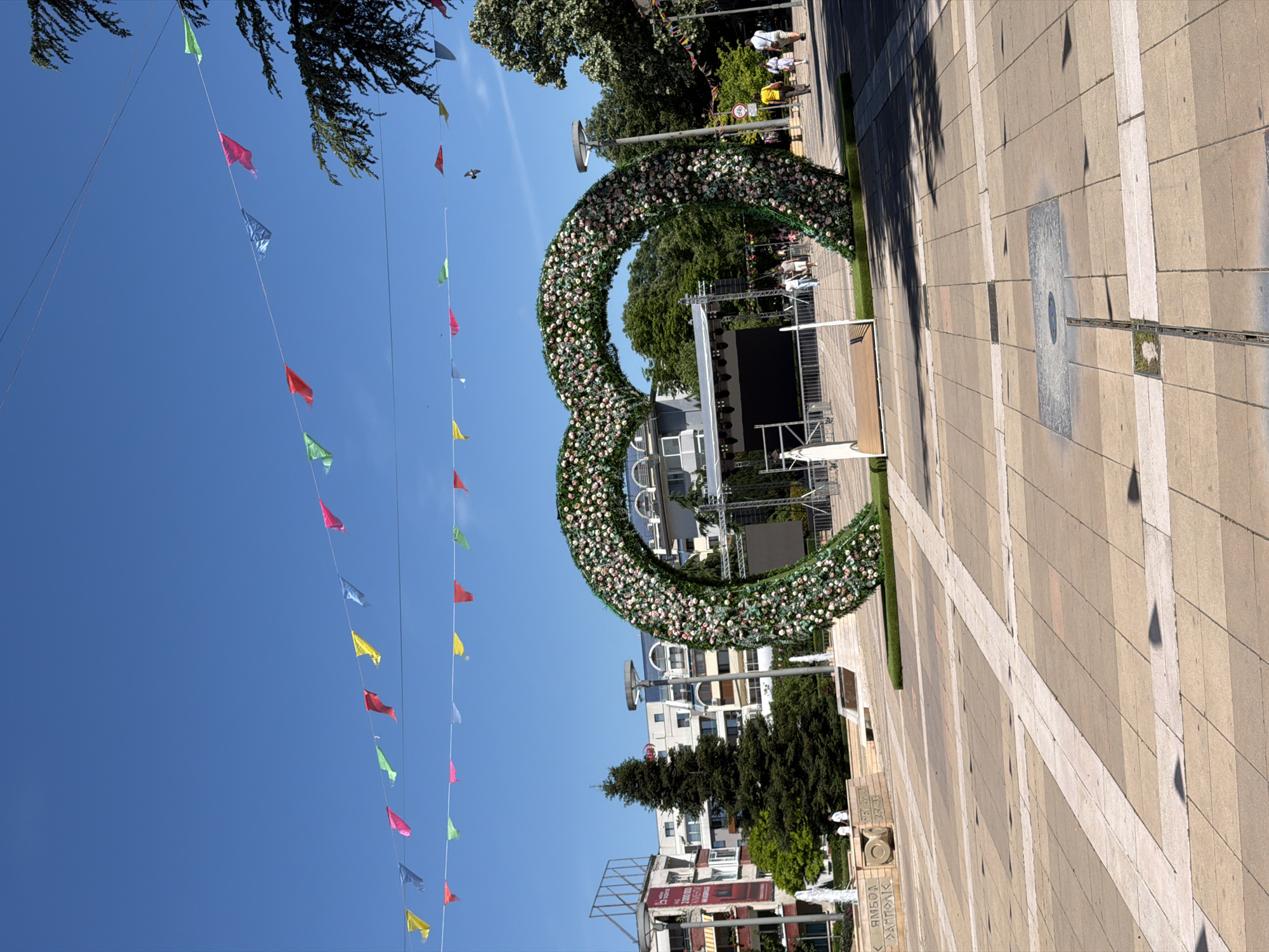 Decorated public square observed in Yambol, Bulgaria with flags