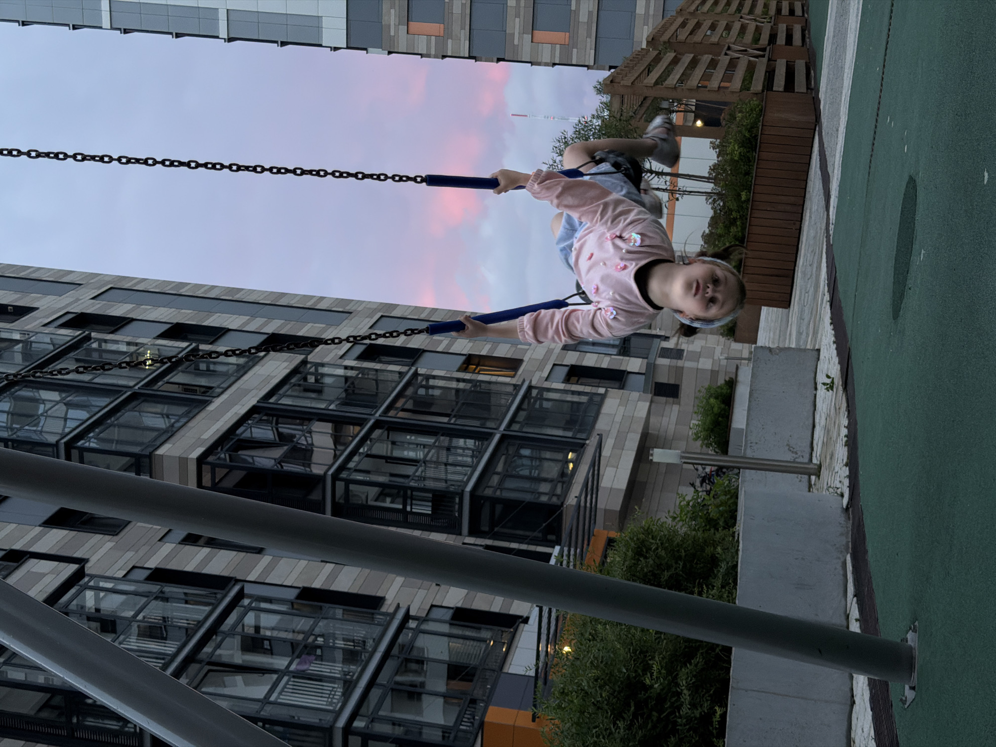 Perm sunset, playground swings, and spaniels at home