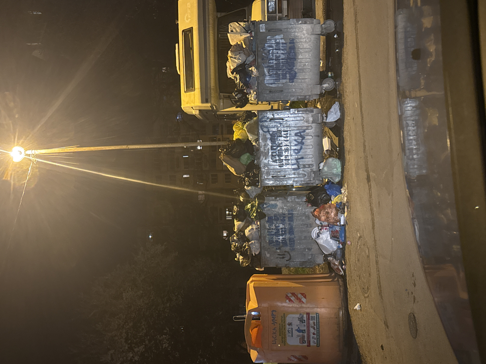 Overflowing waste containers observed on Sofia street at night