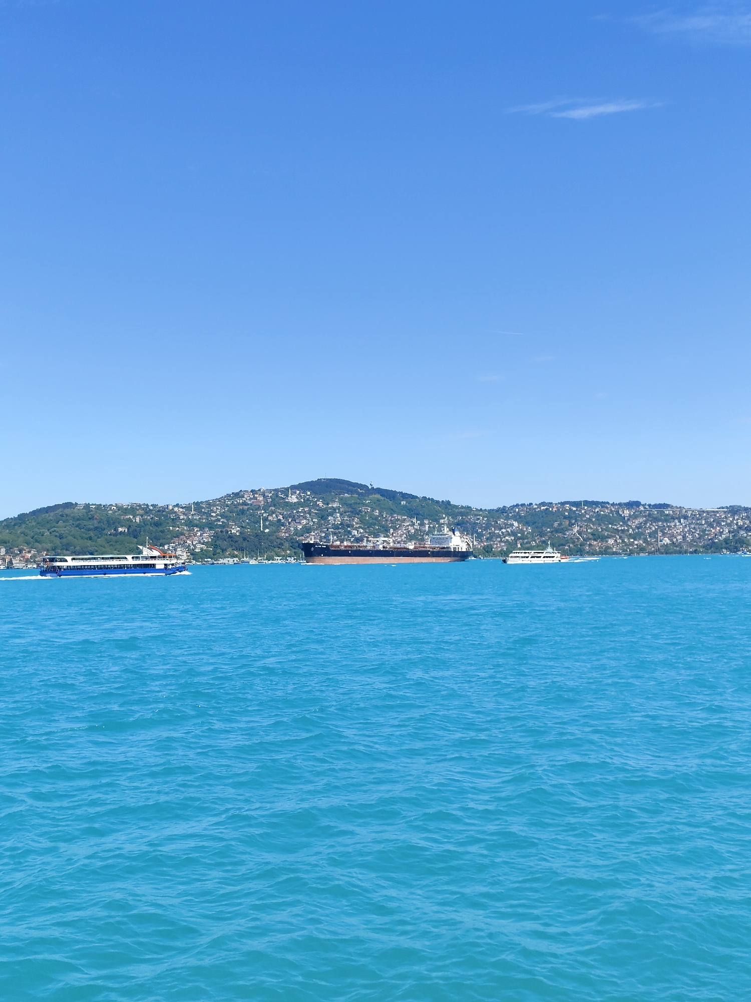 Bosphorus ferry traffic captured in Sarıyer during clear morning