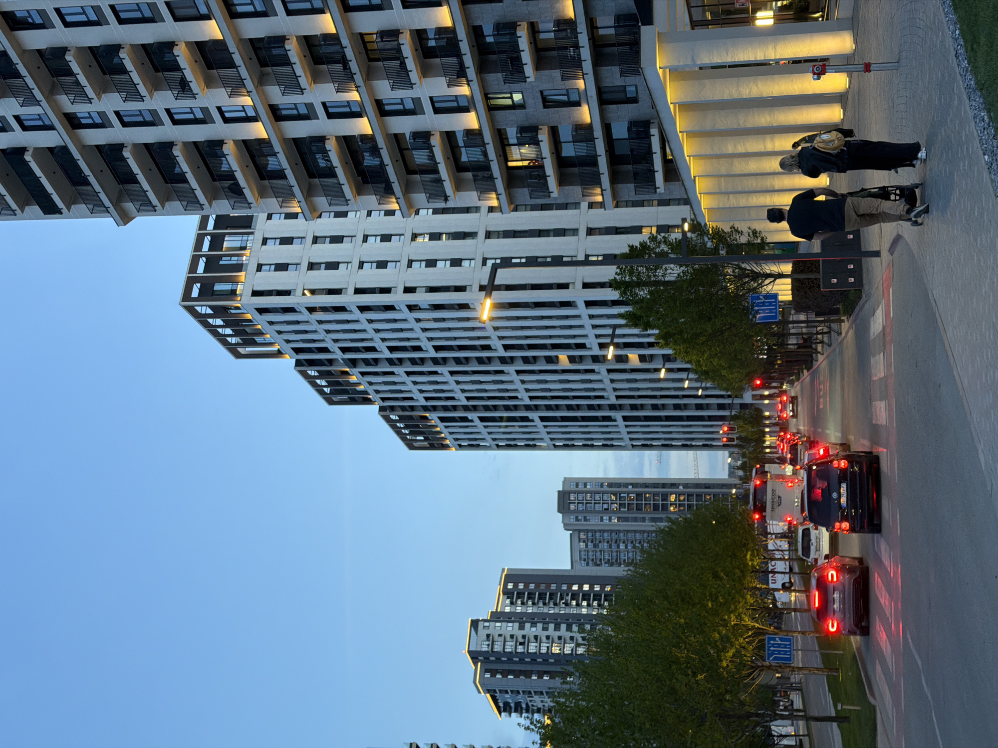 Evening street scene captured in Belgrade's modern district