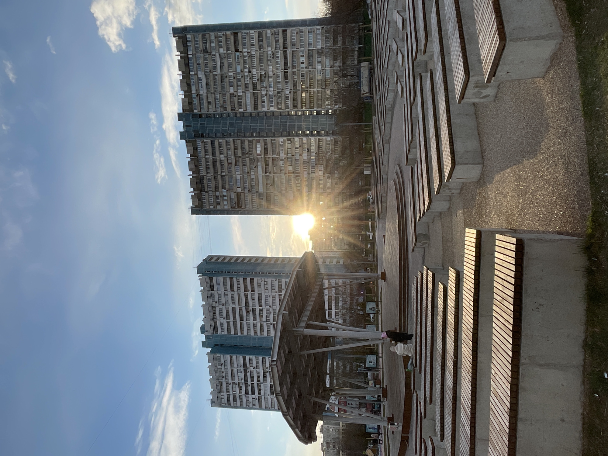 Visitor explores Moscow park amphitheater during afternoon visit
