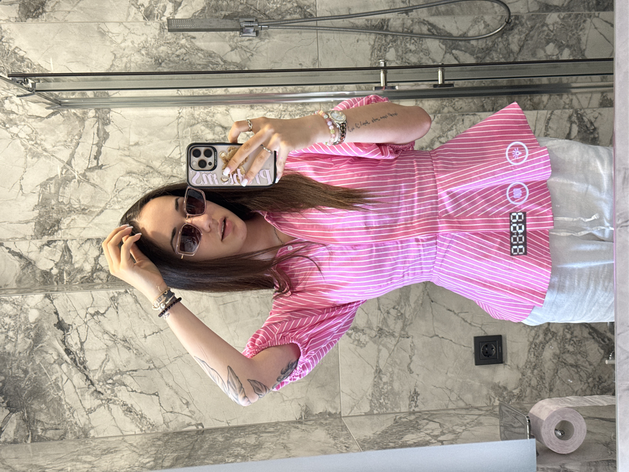 Woman takes mirror selfies in Shumen bathroom