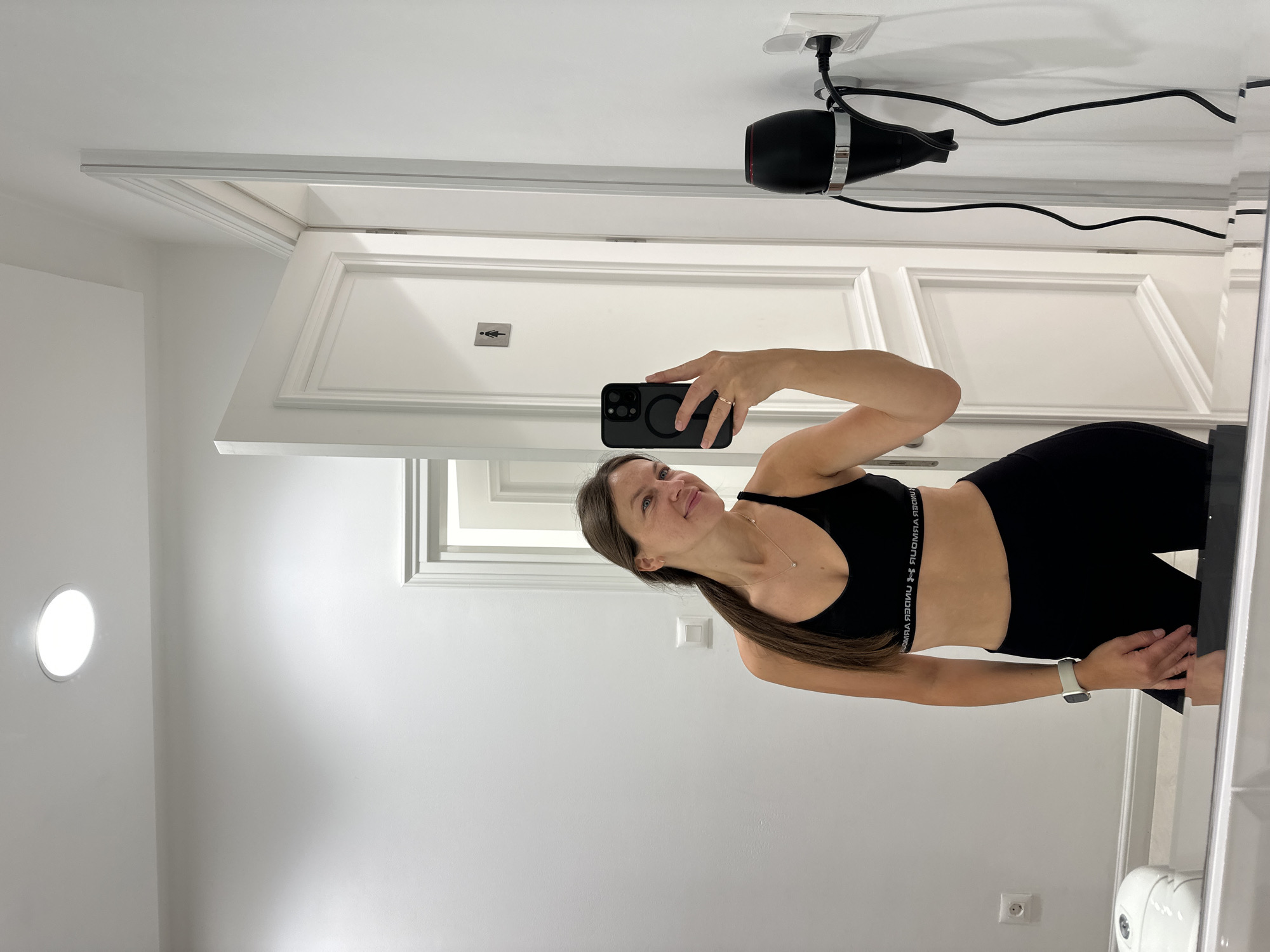 Woman takes workout selfies in Montenegro bathroom