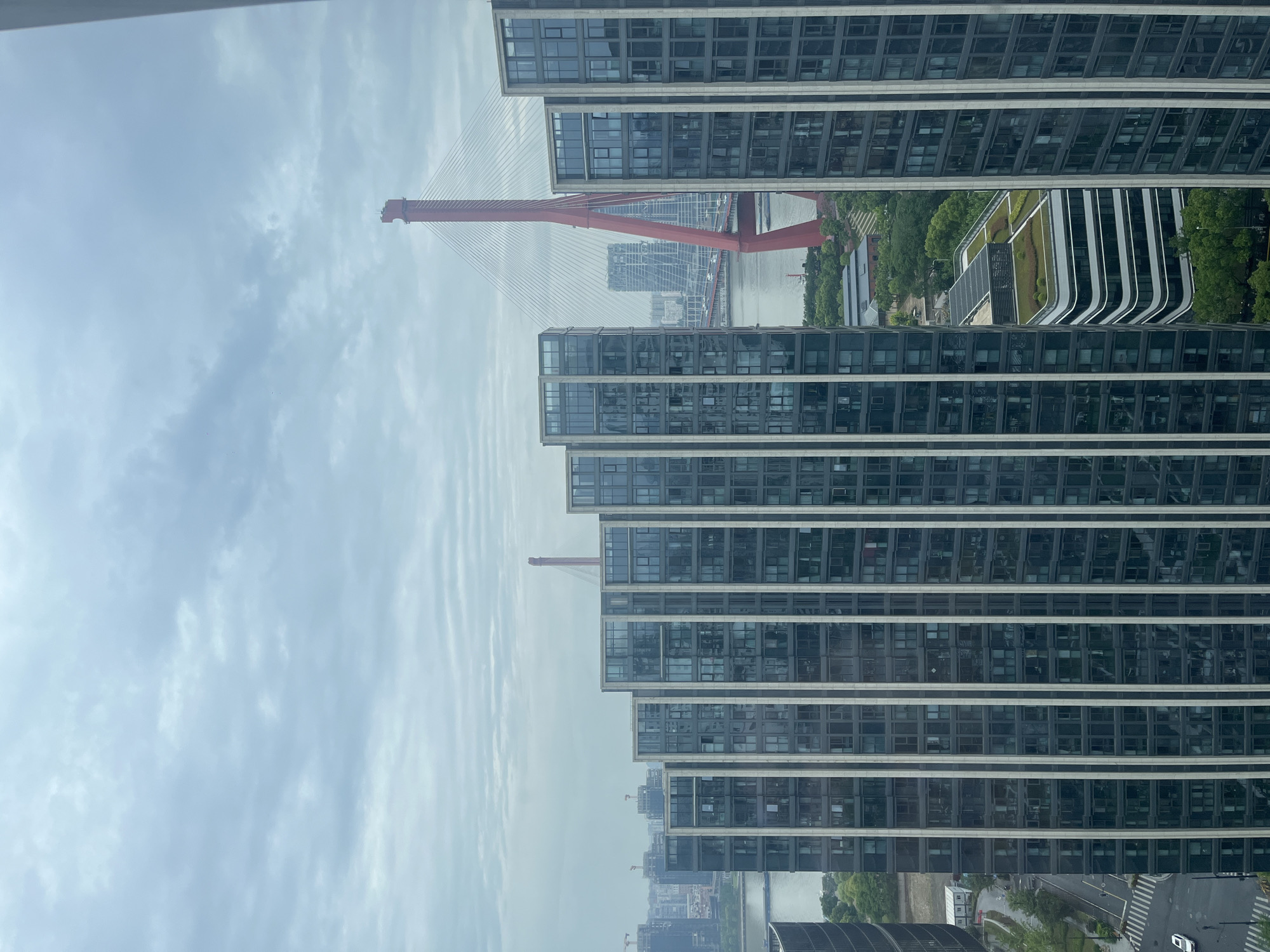 Modern Pudong buildings and red bridge observed early morning