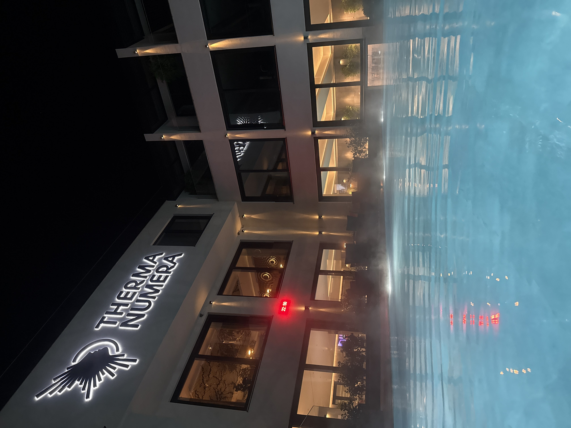 Therma Numera hotel photographed at night in Burgas