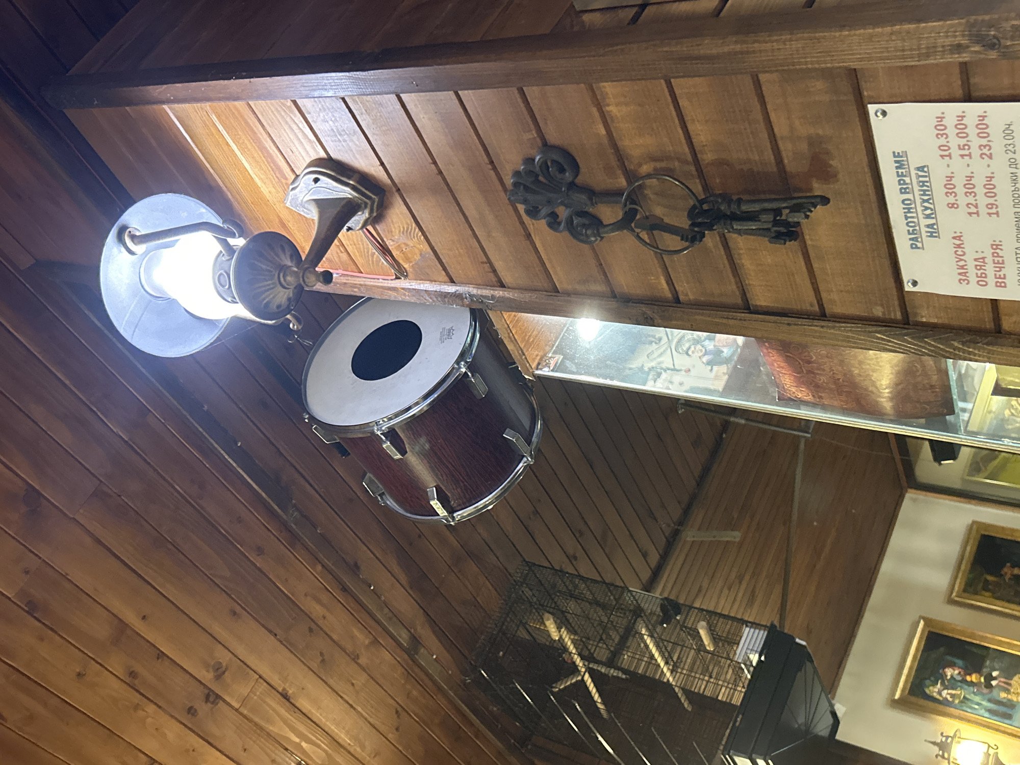 Restaurant interior documented in Strelcha, Bulgaria with resident cat