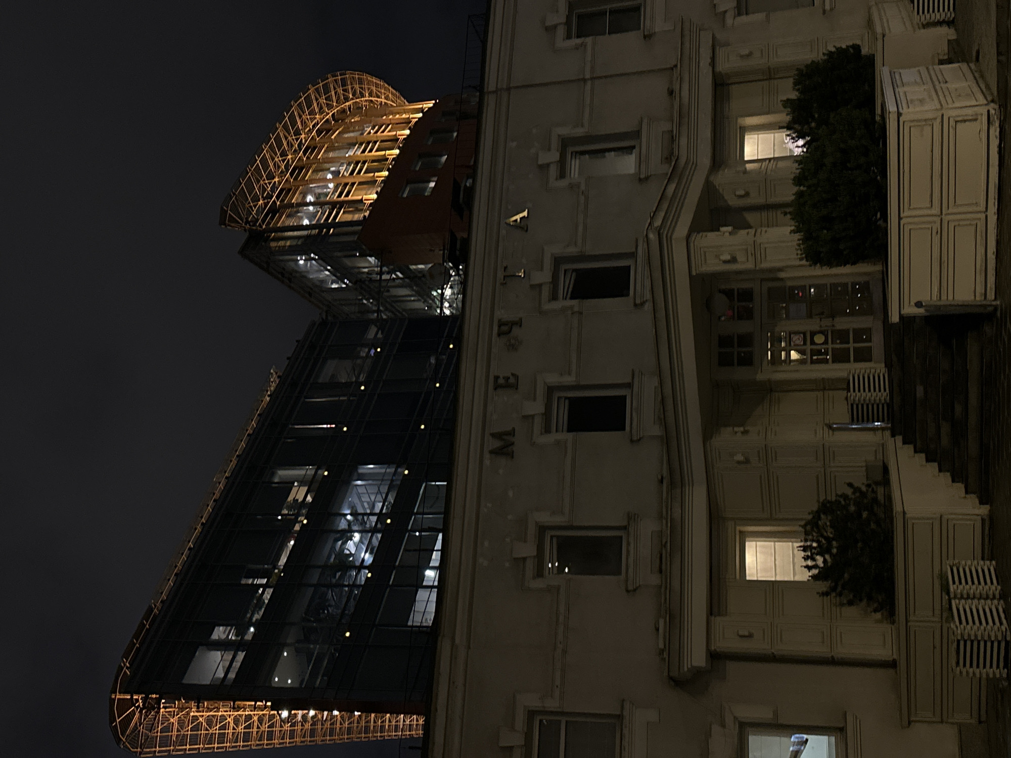 Nighttime view of historic Metropol Hotel in Moscow documented