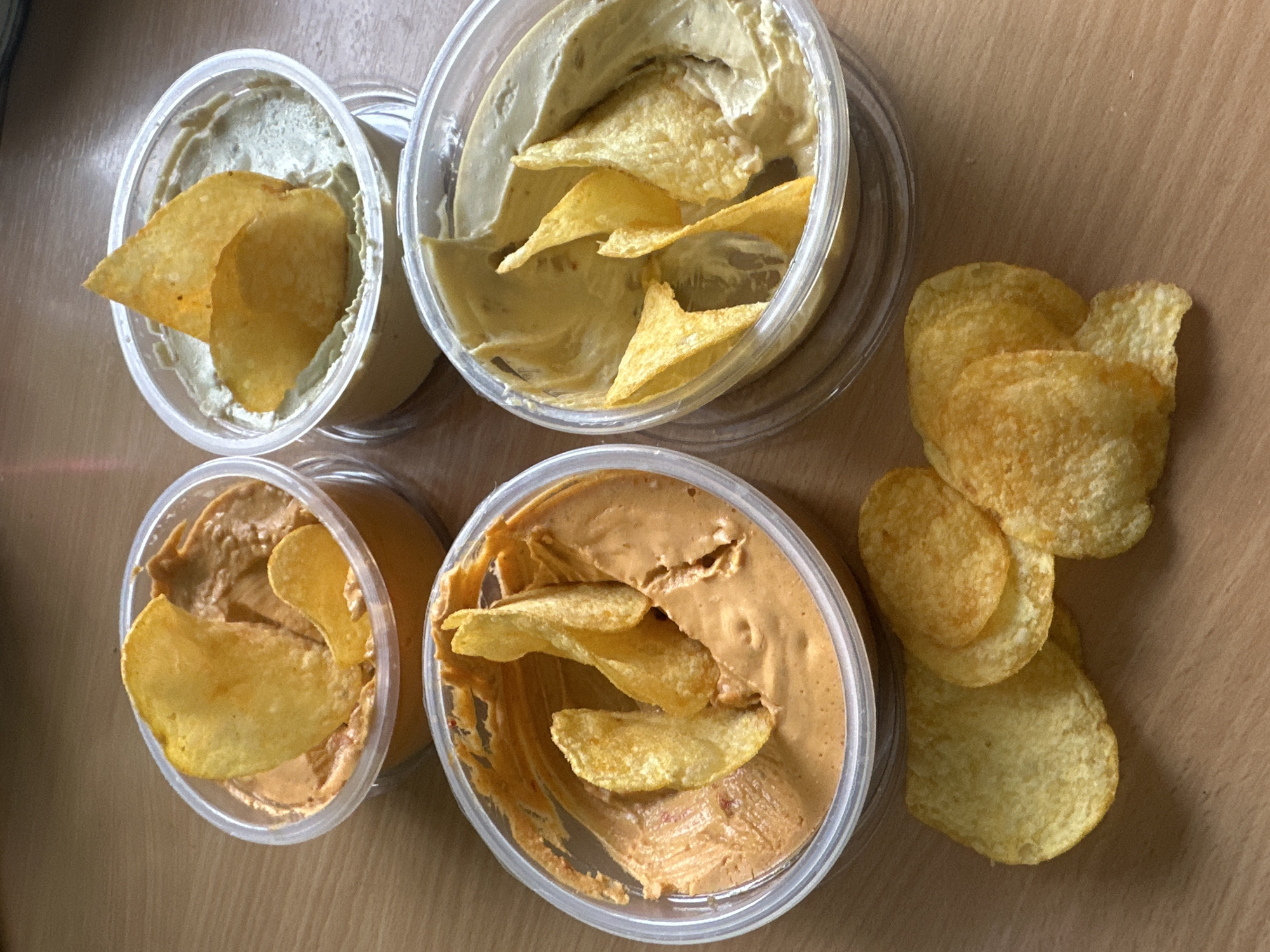 Afternoon snack spread documented in Riga featuring dips and chips