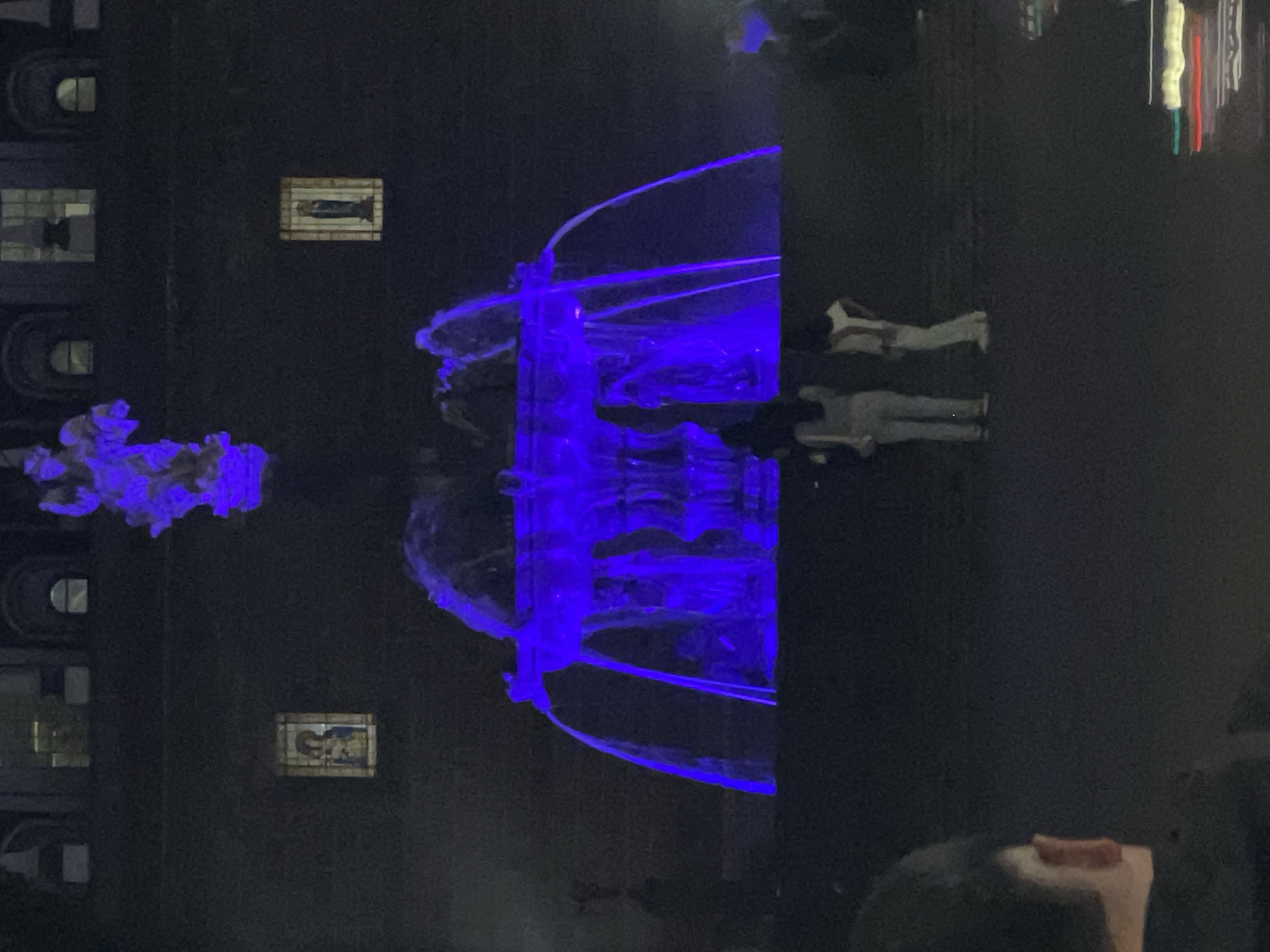 Electric blue art installation illuminated at night