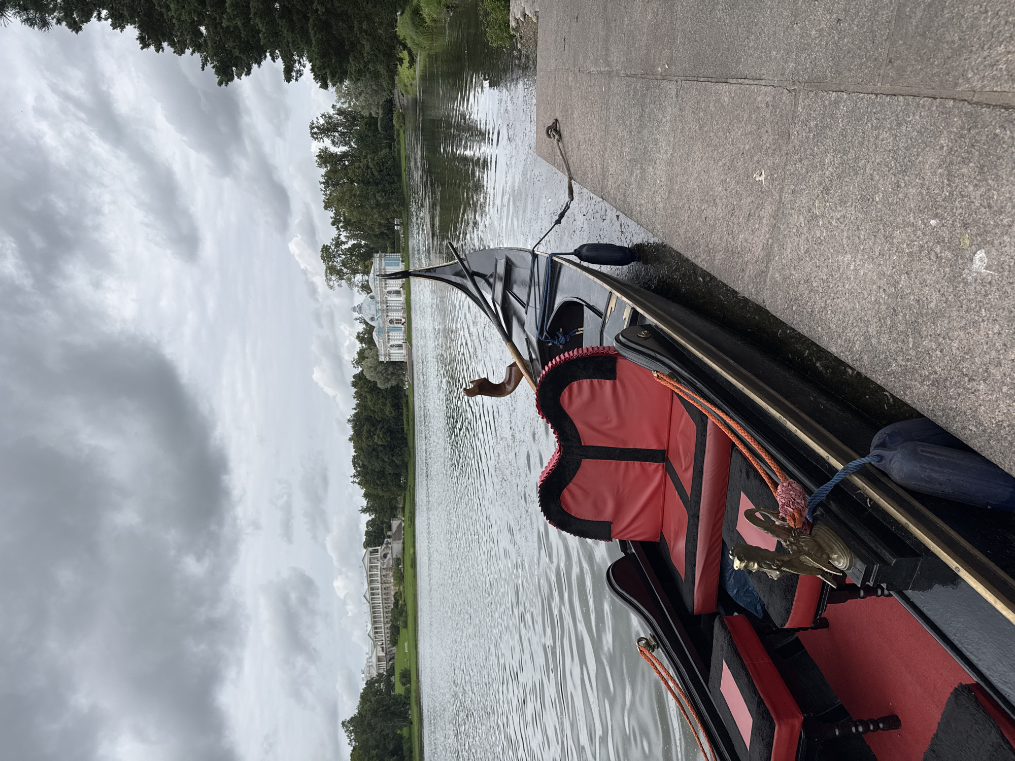 Ornate gondola moored at Catherine Park's lake, Pushkin