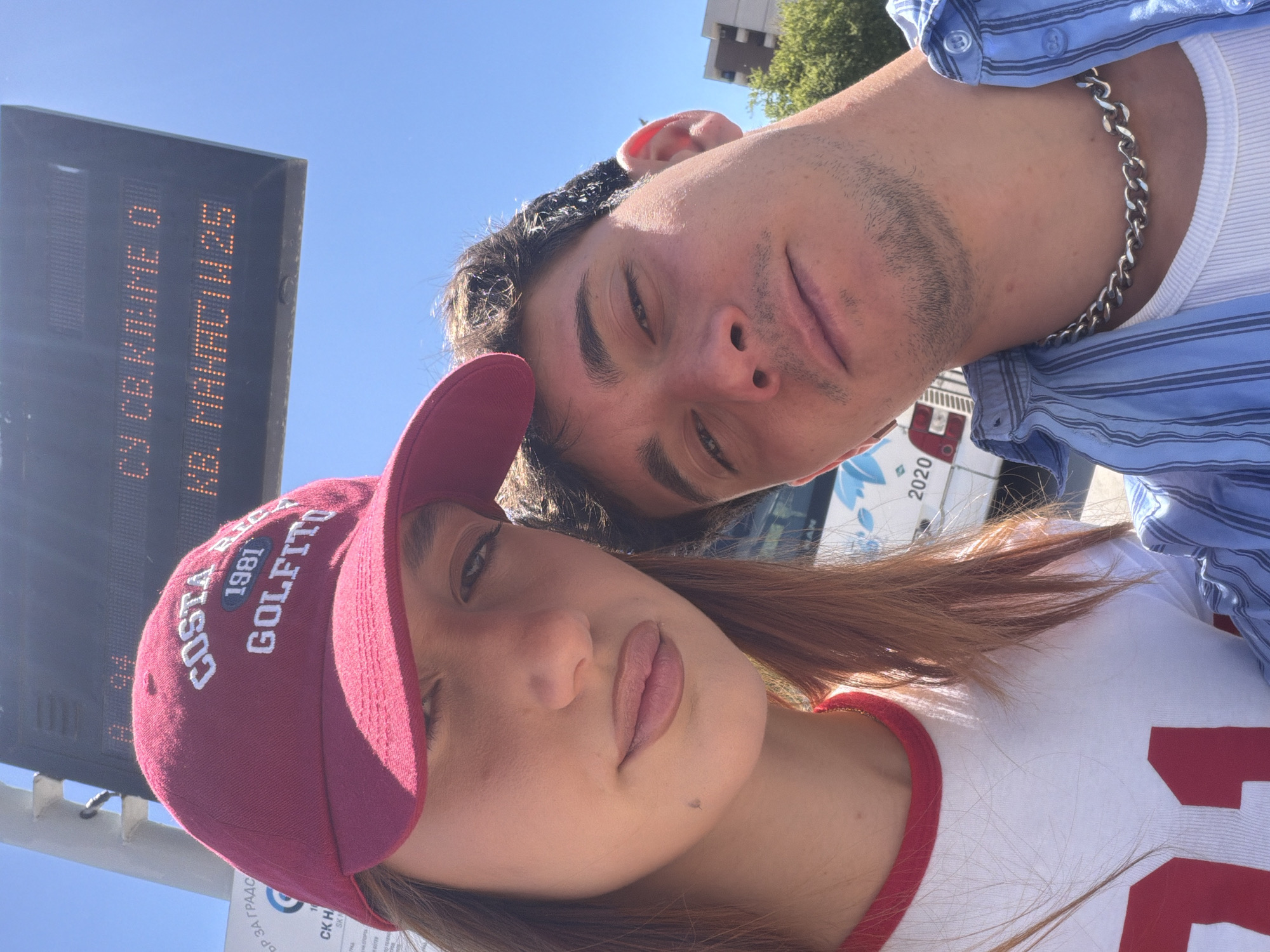 Couple documents morning outing with selfies in Sofia elevator