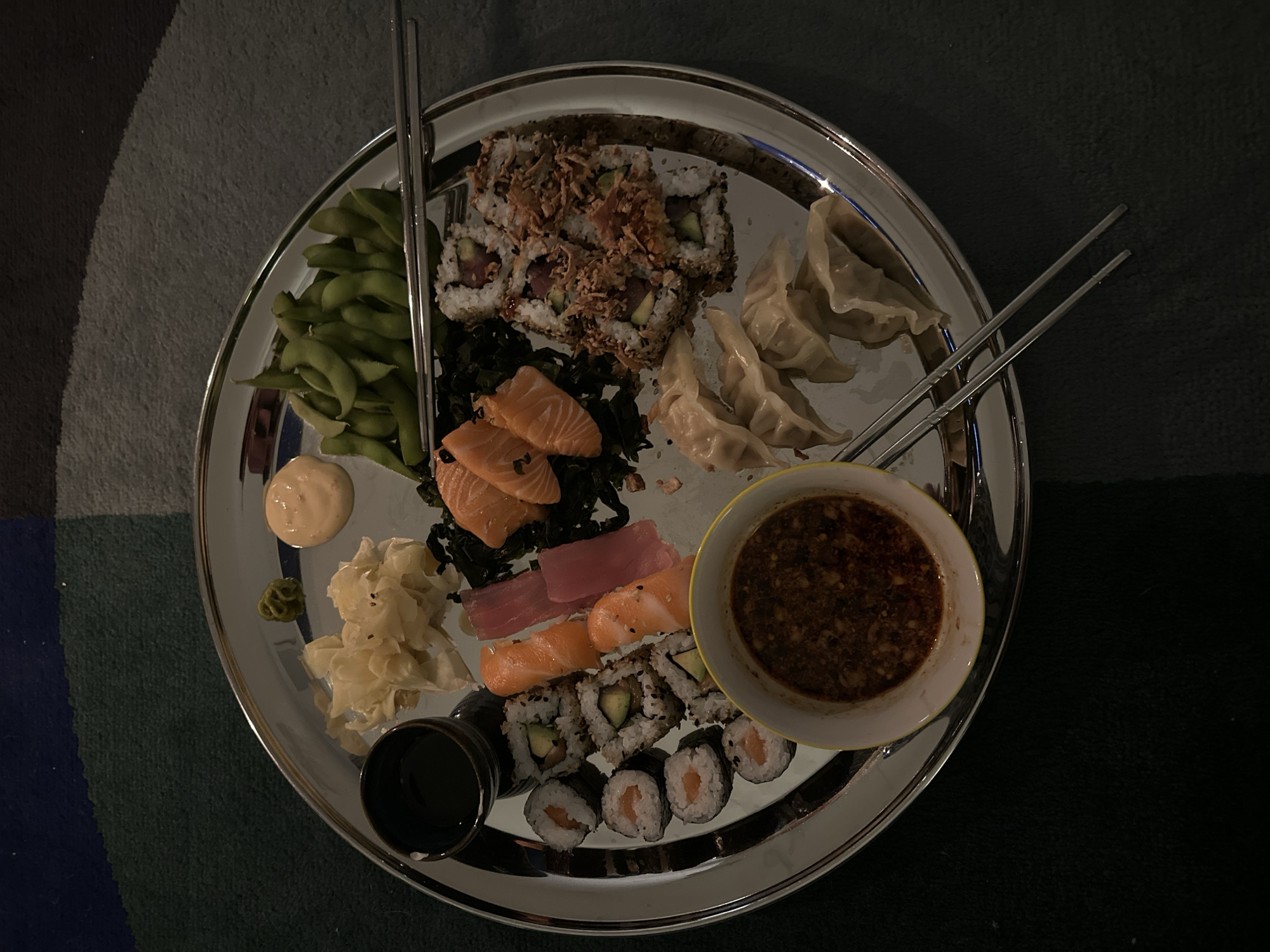 Elaborate sushi platter documented in London evening dining