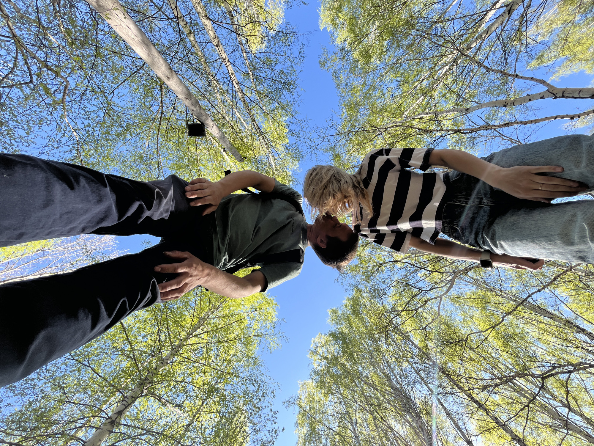 Young family enjoys spring morning in Russian birch forest
