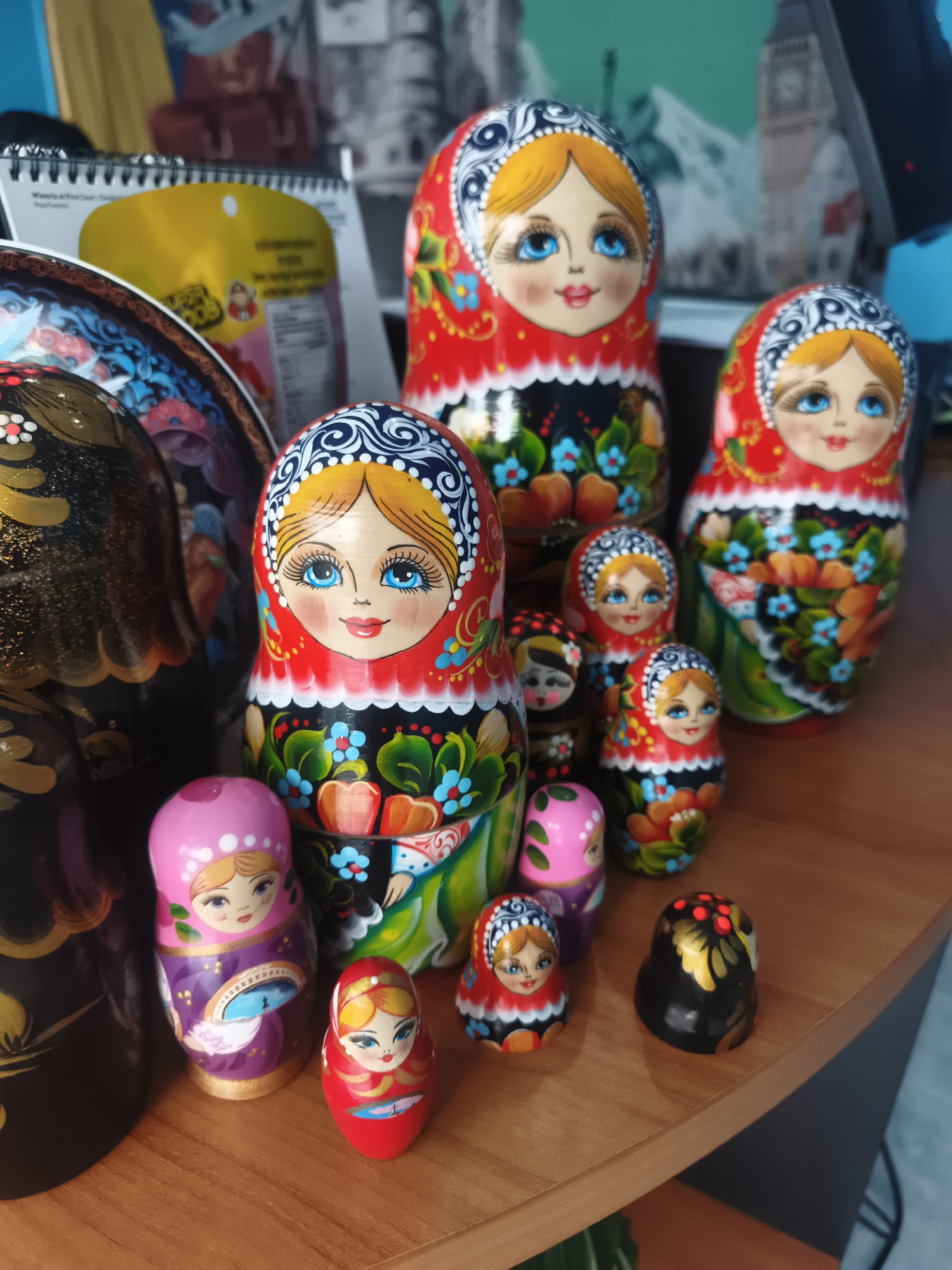 Russian nesting dolls displayed on wooden surface in Thailand
