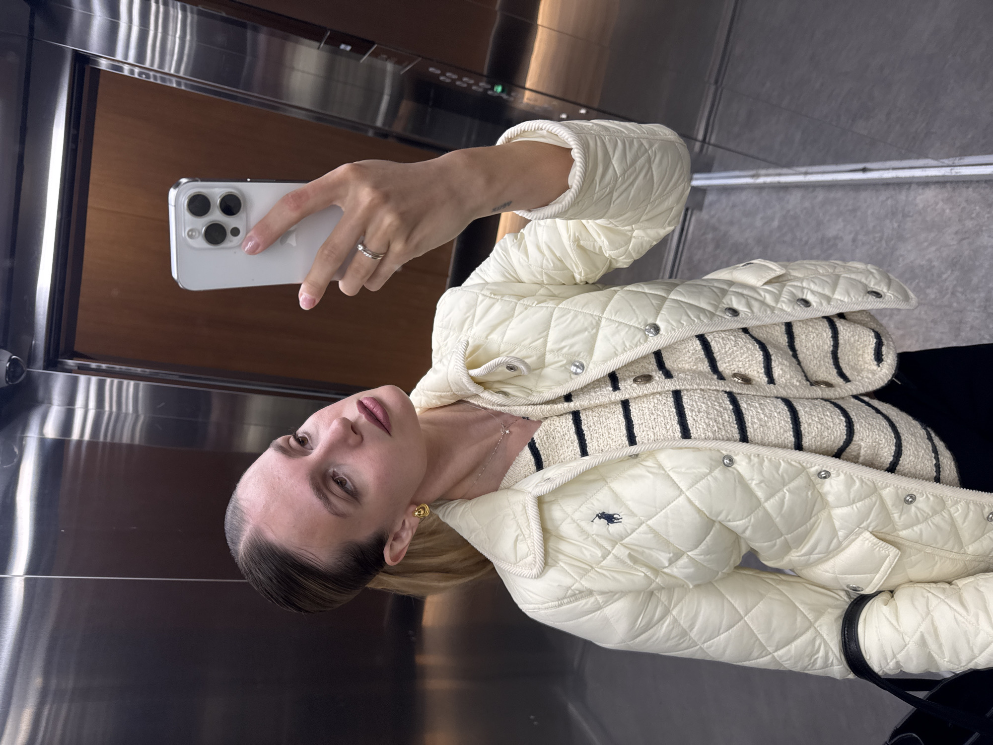 Woman documents morning activities through selfies across multiple locations