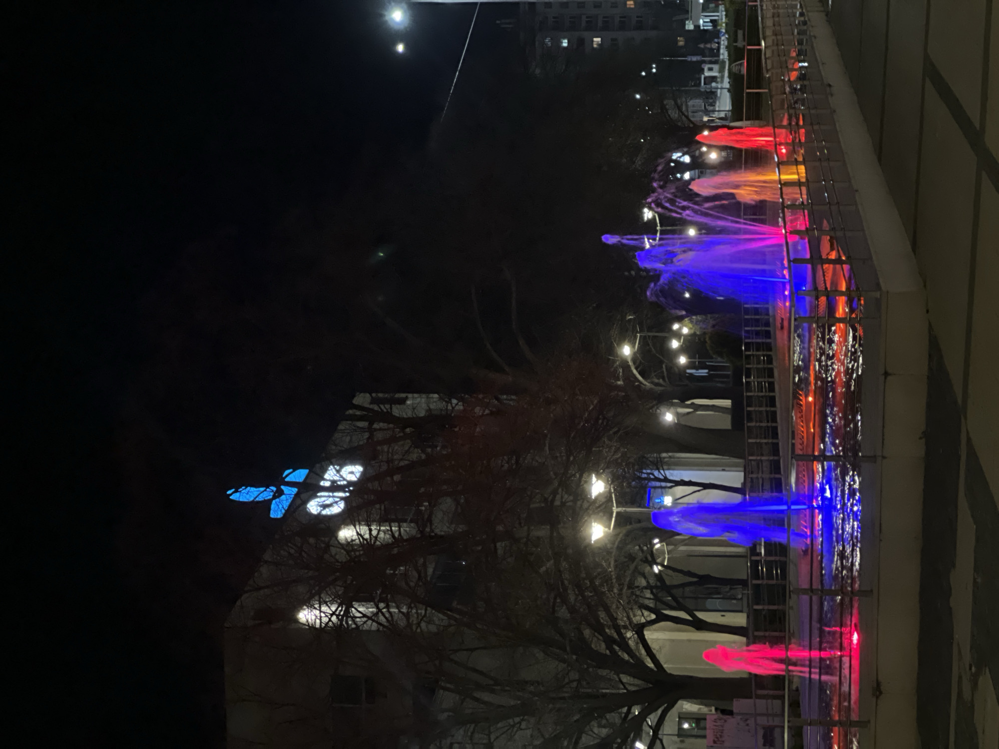 Colorful fountain display lights up Pernik, Bulgaria evening