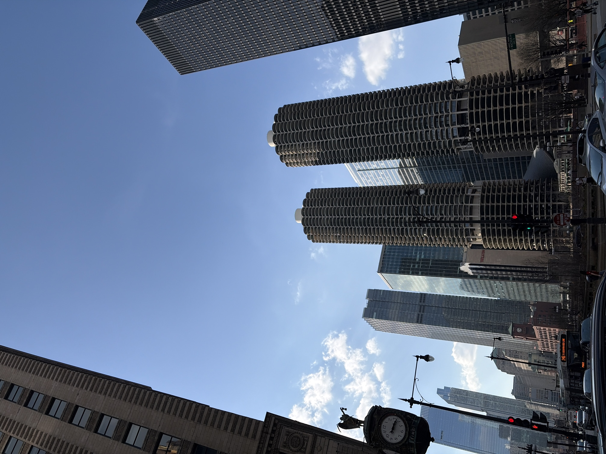 Evening street scenes capture downtown Chicago's iconic towers