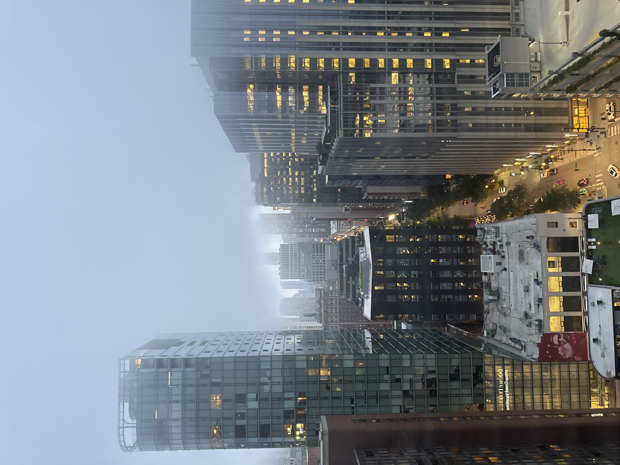 Chicago skyline glows through late-night fog