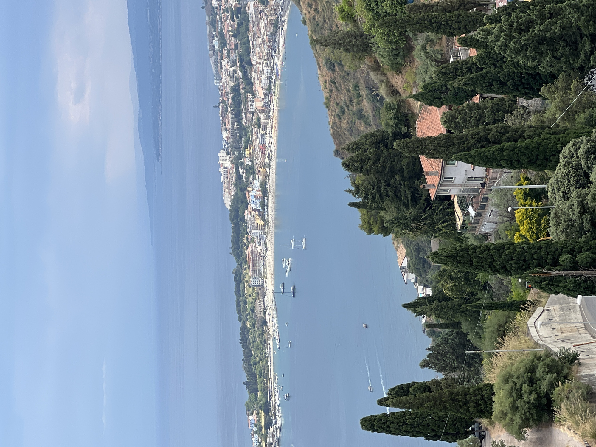 Overcast views of Taormina's bay from above the treeline