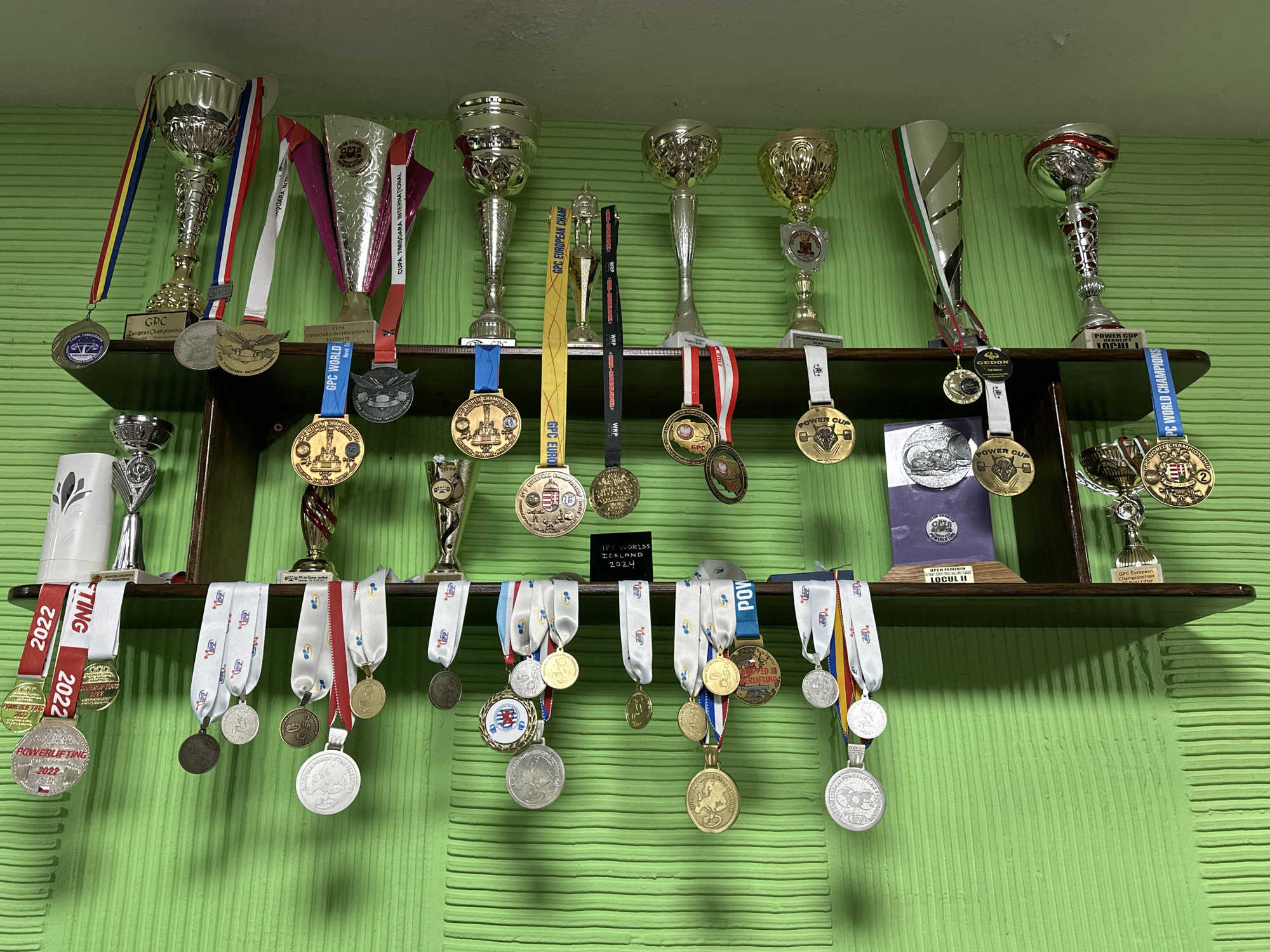 Person photographed with trophy collection on green wall display