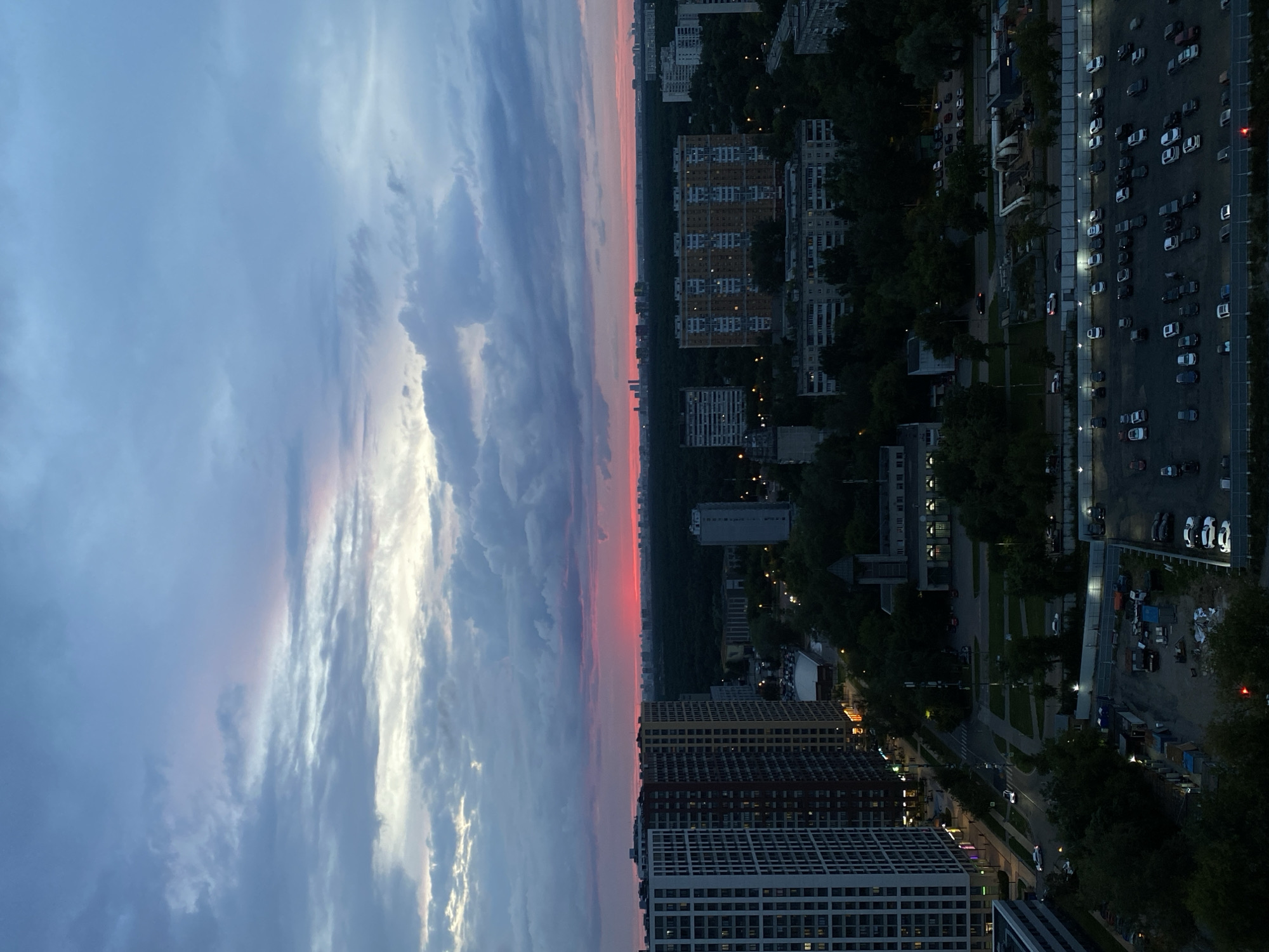 Moscow dusk skyline and a green parrot getting a snack