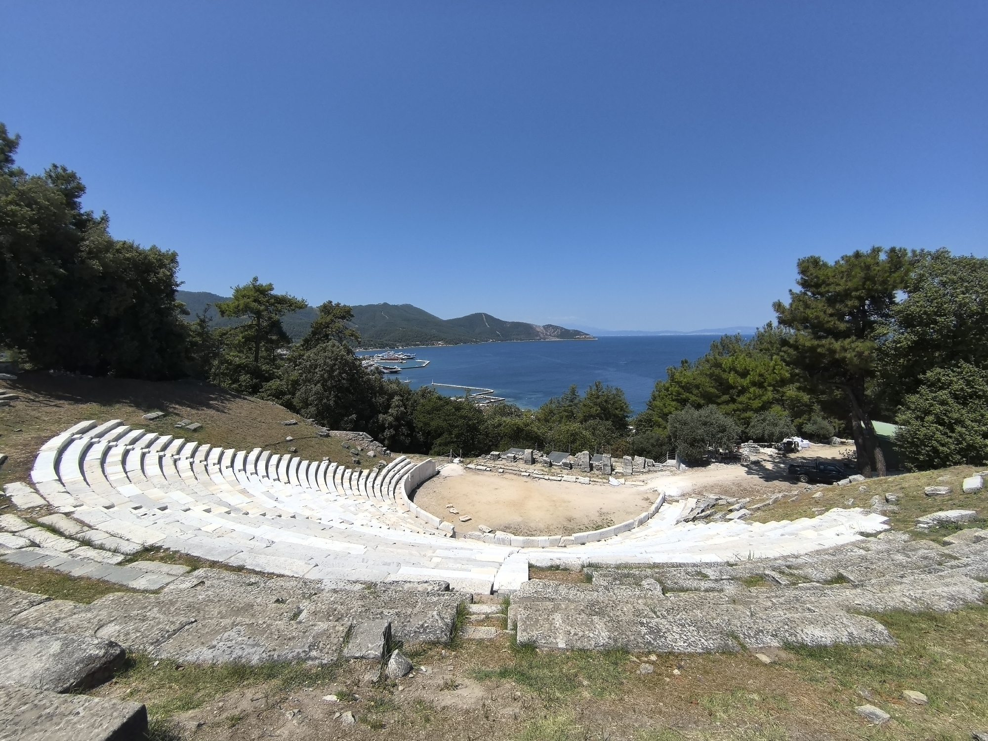 Ancient amphitheater and seaside chapel on Thassos
