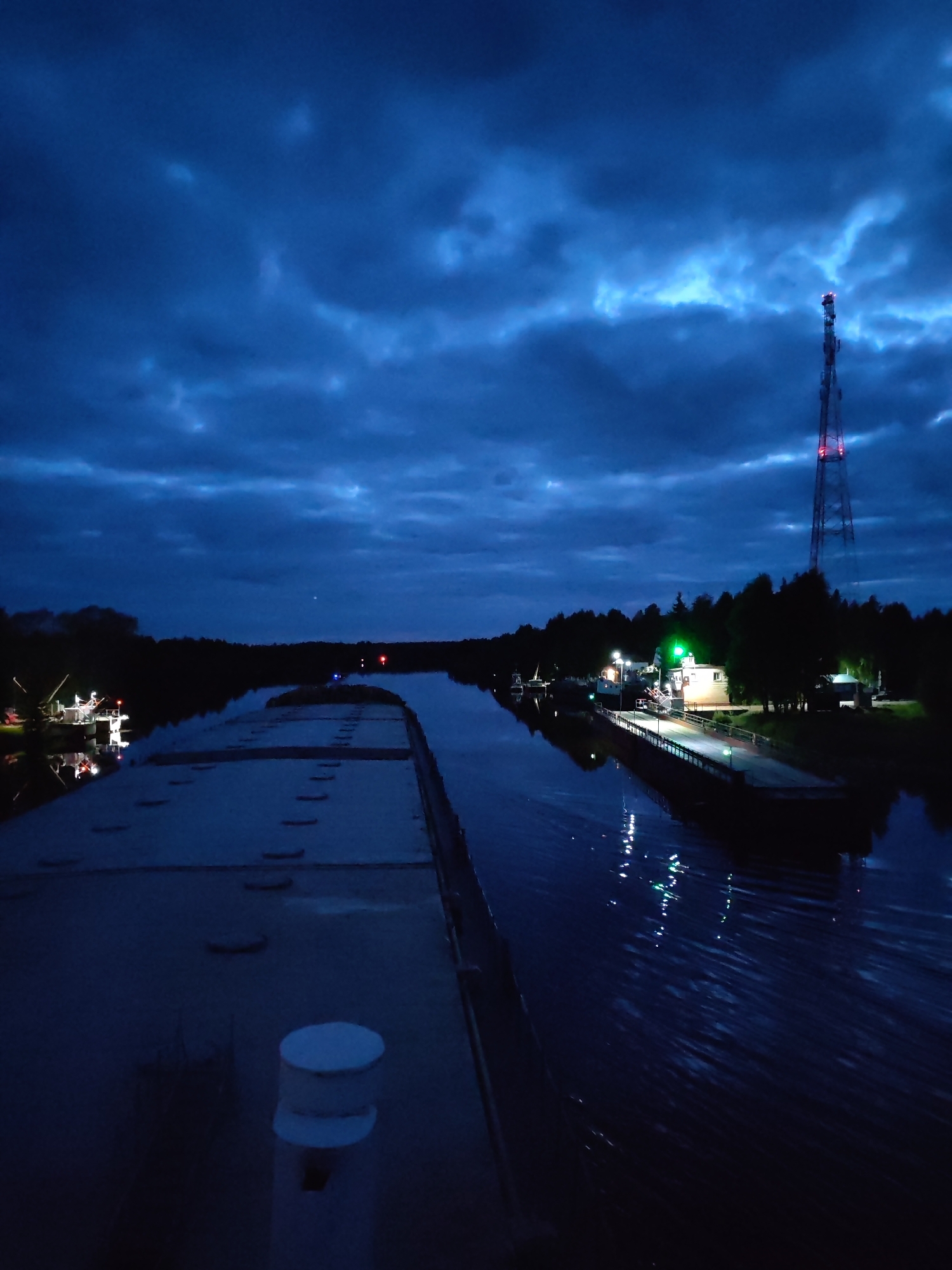 Nighttime waterfront scenes documented at Annensky Most, Russia