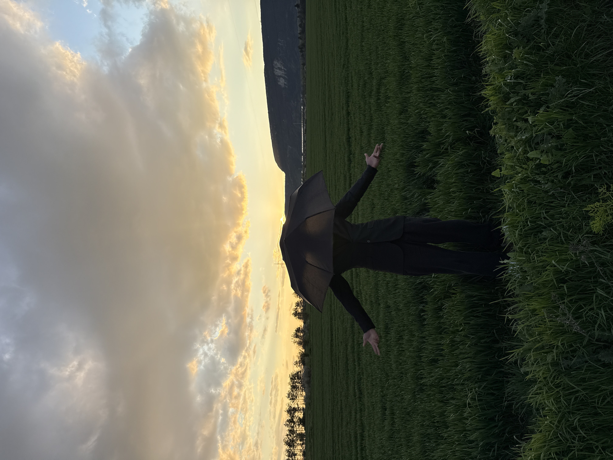 Person with umbrella poses in Bulgarian field at sunset