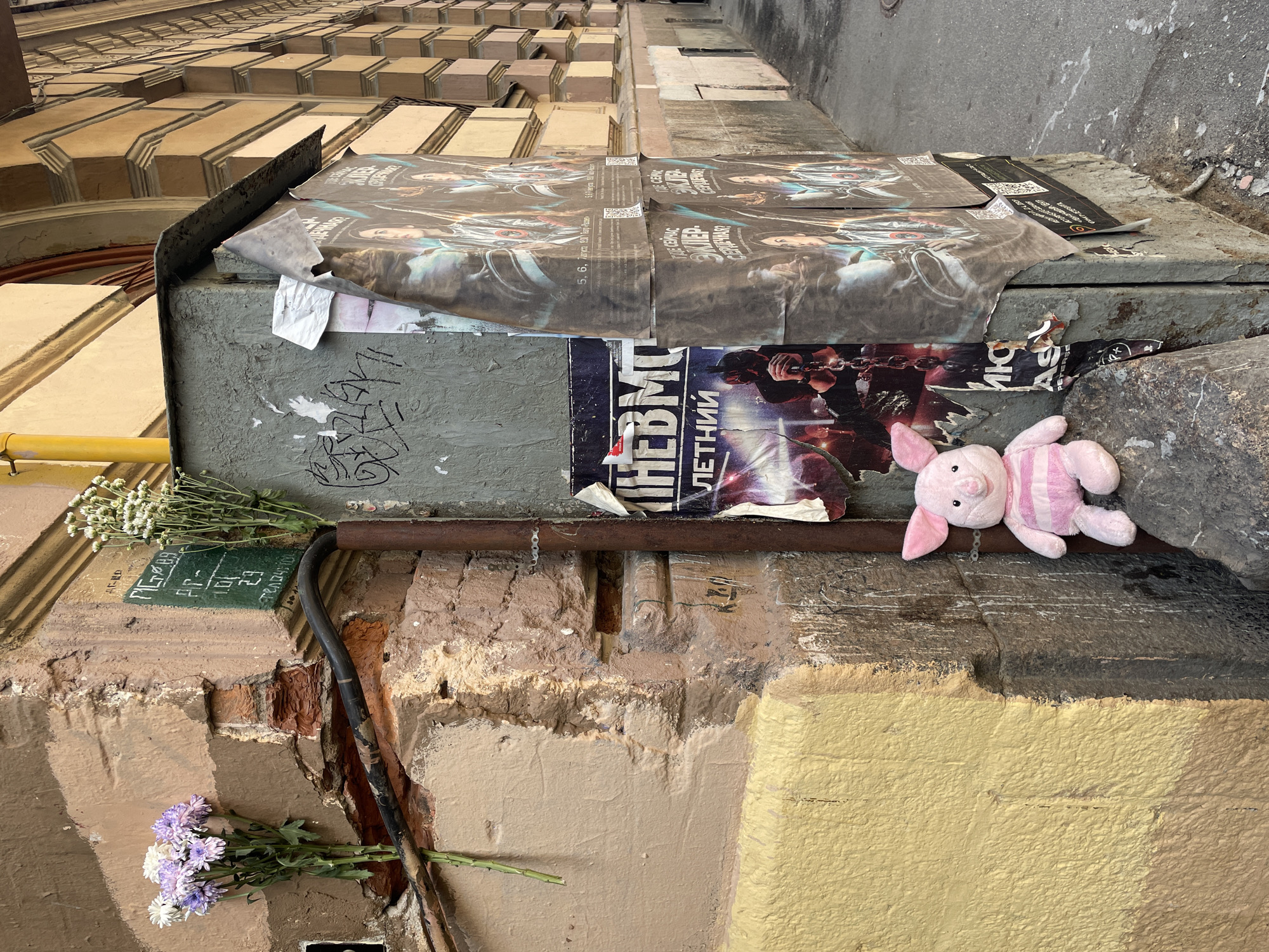 Pink pig toy and peeling facades on a Saint Petersburg street