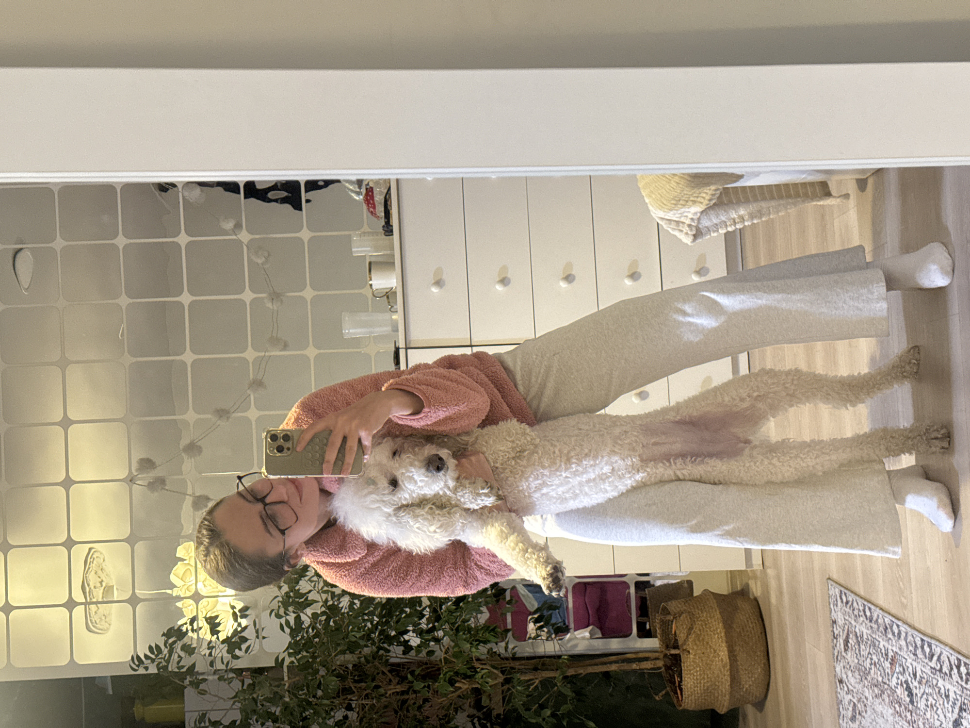 Person takes mirror selfie with poodle in Krasnoyarsk
