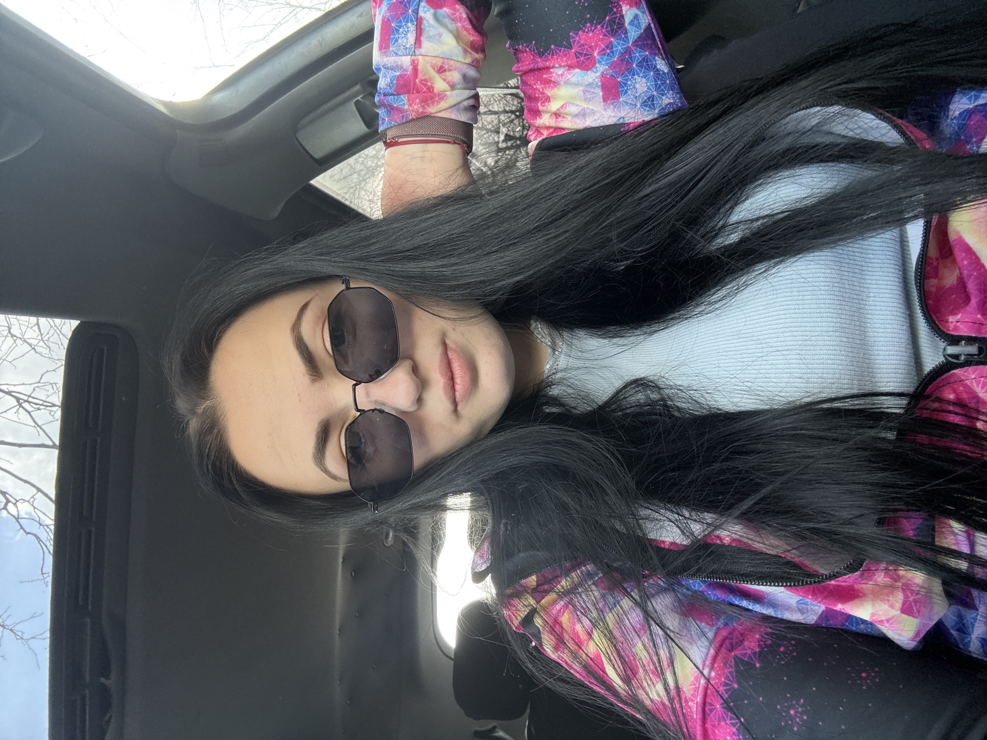 Woman takes vehicle selfie in Yambol, Bulgaria