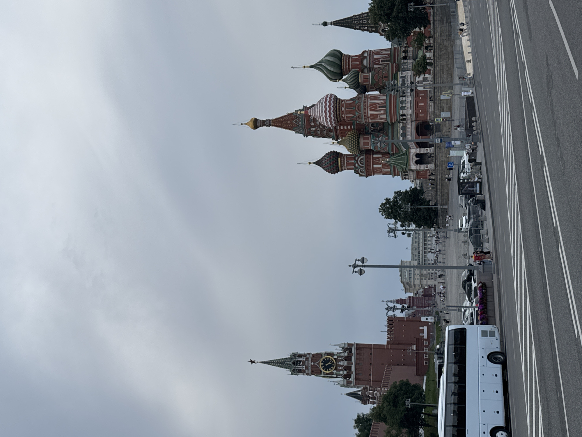 St. Basil's and Spasskaya Tower under overcast Moscow skies