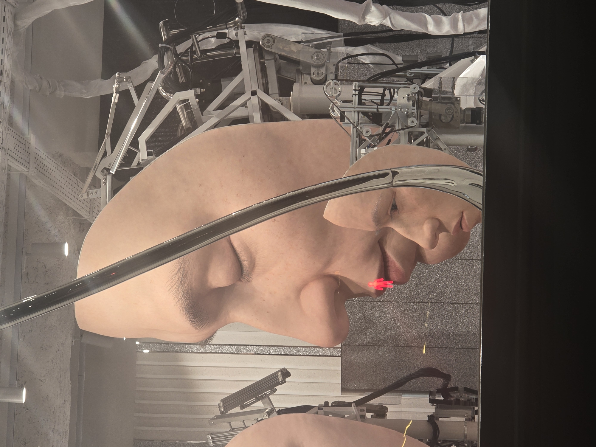 Robotic head art installation displayed in glass case