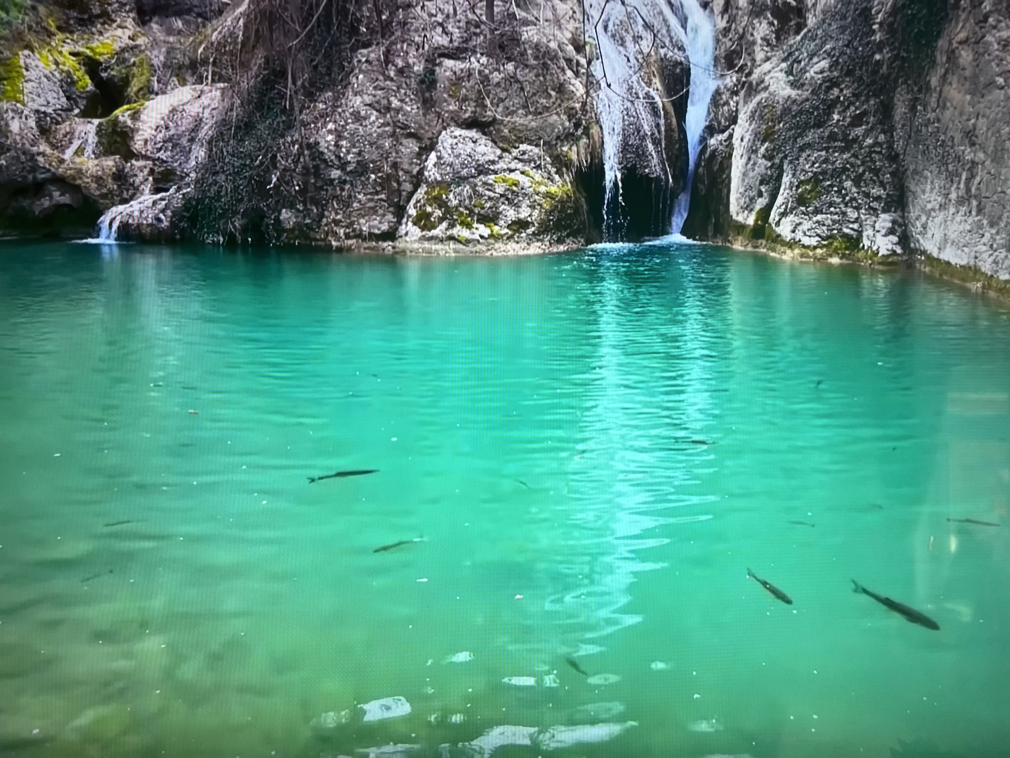 Turquoise waterfall pool documented in Basingstoke countryside