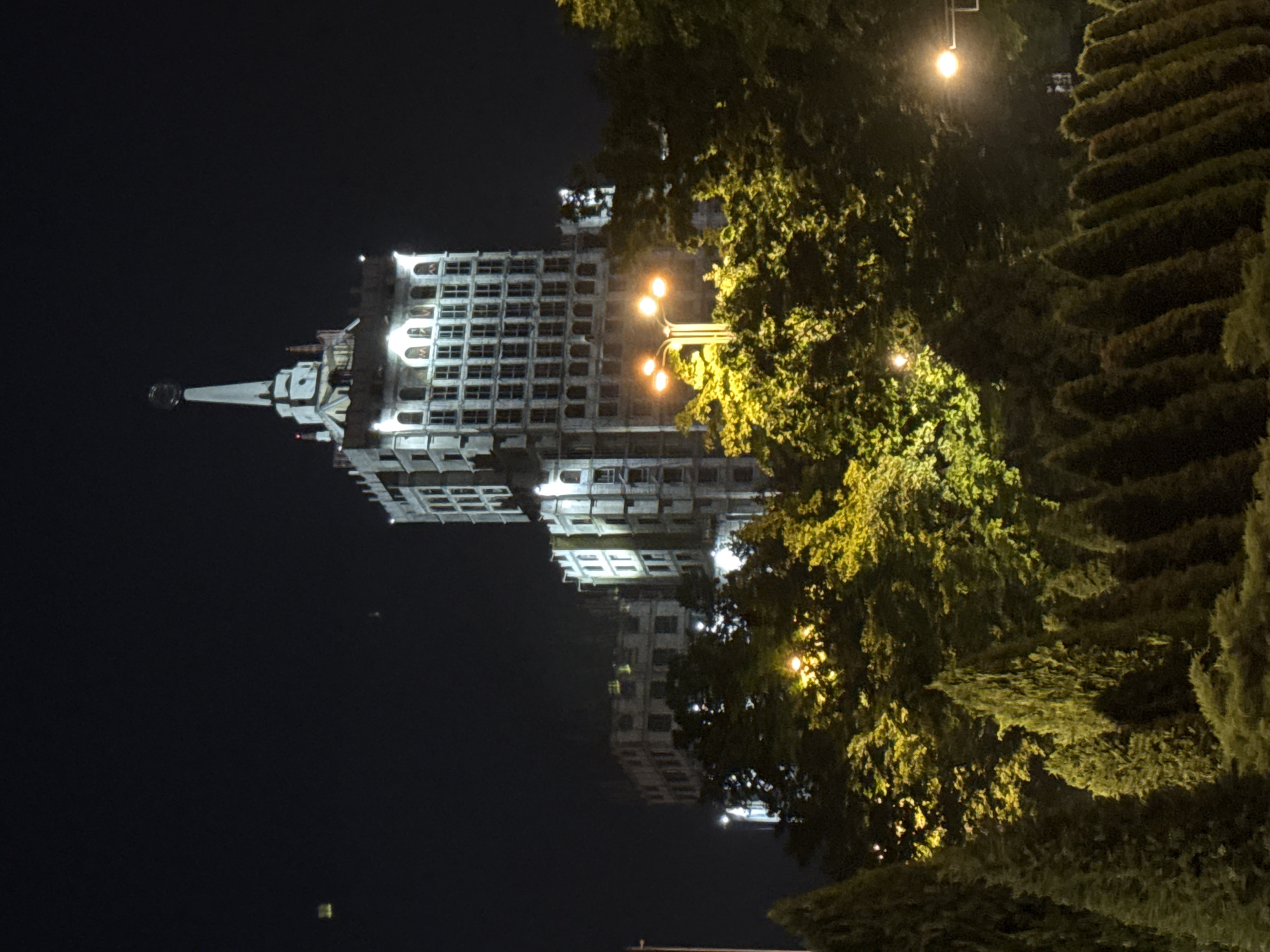 Nighttime documentation of ornate spired building in Bishkek