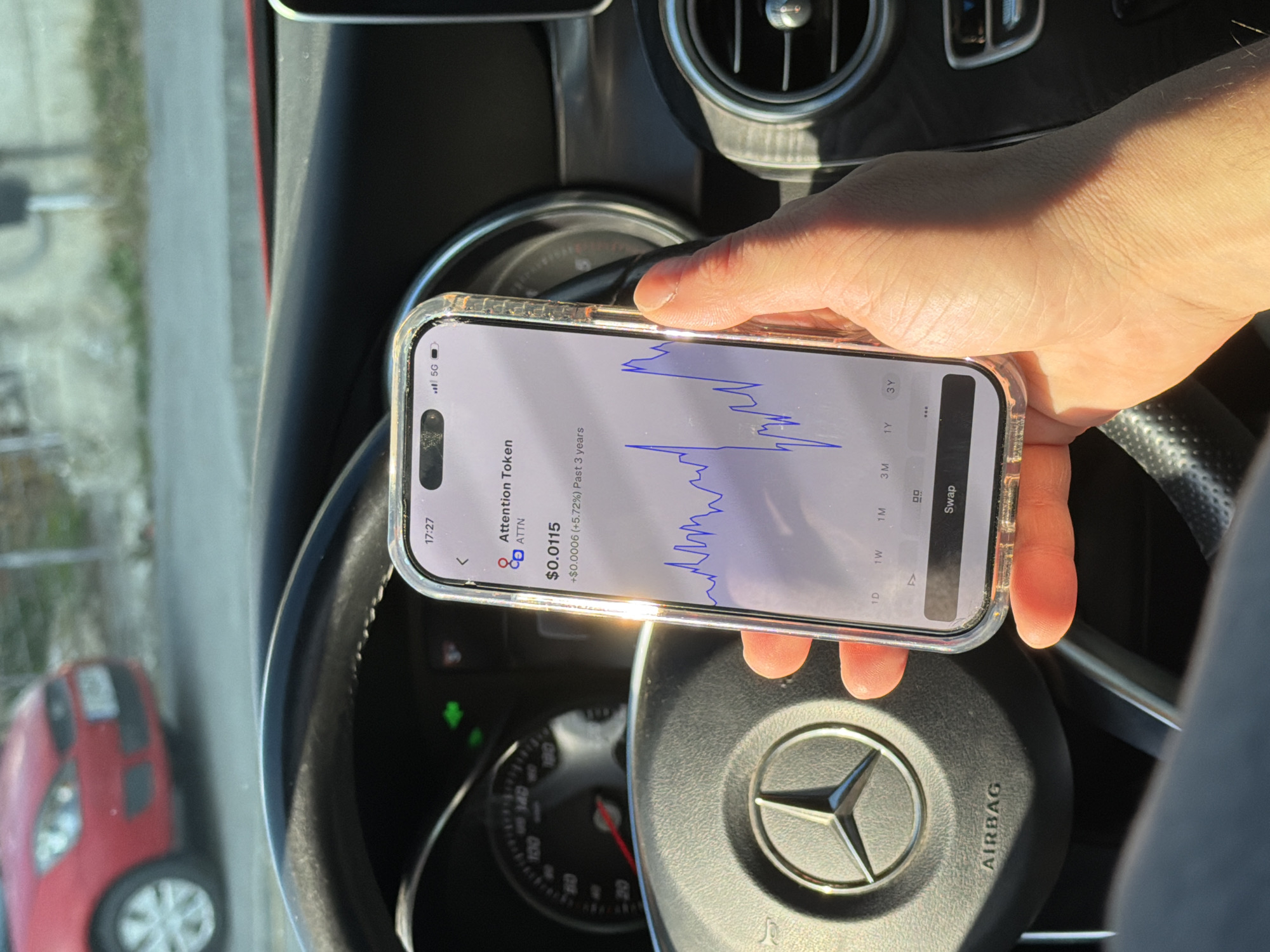 Driver monitors cryptocurrency charts on phone in Mercedes, Varna