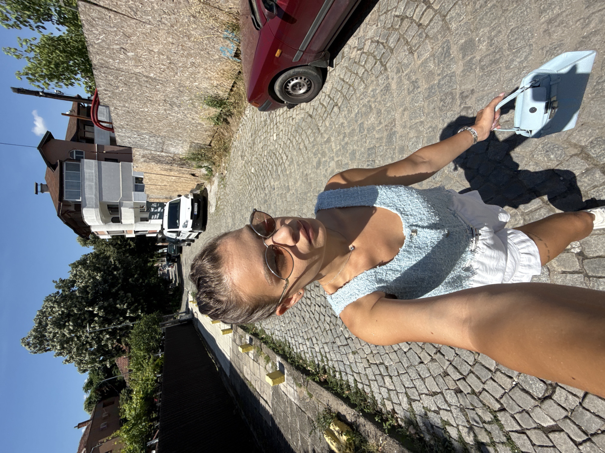 Woman documents morning walk through historic Plovdiv, Bulgaria
