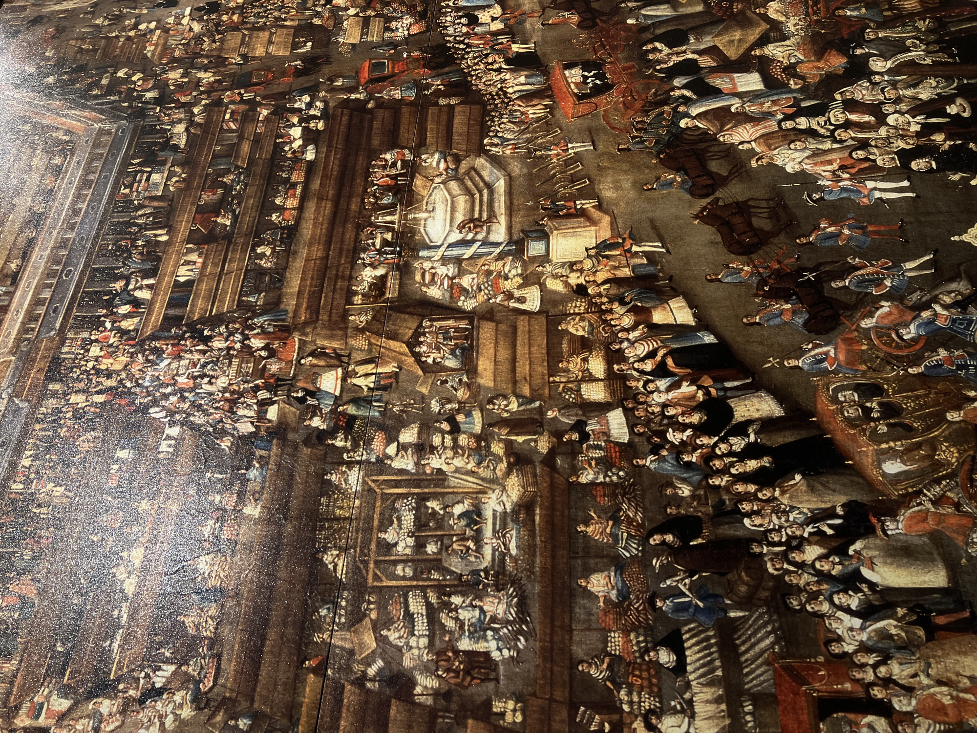 Colonial painting of crowded public event observed in Mexico City